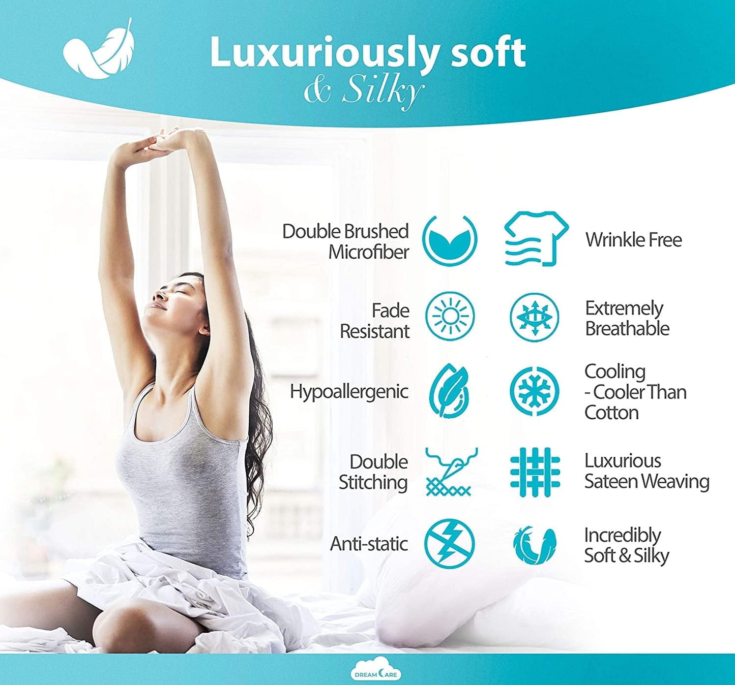 Breathable Luxury Bed Sheets Set - Queen Size Sheet with Side Pocket - 4pcs Set, 15 inches, White - Premium Ultra-Soft Pillowcase Pair for Sleeping Detail