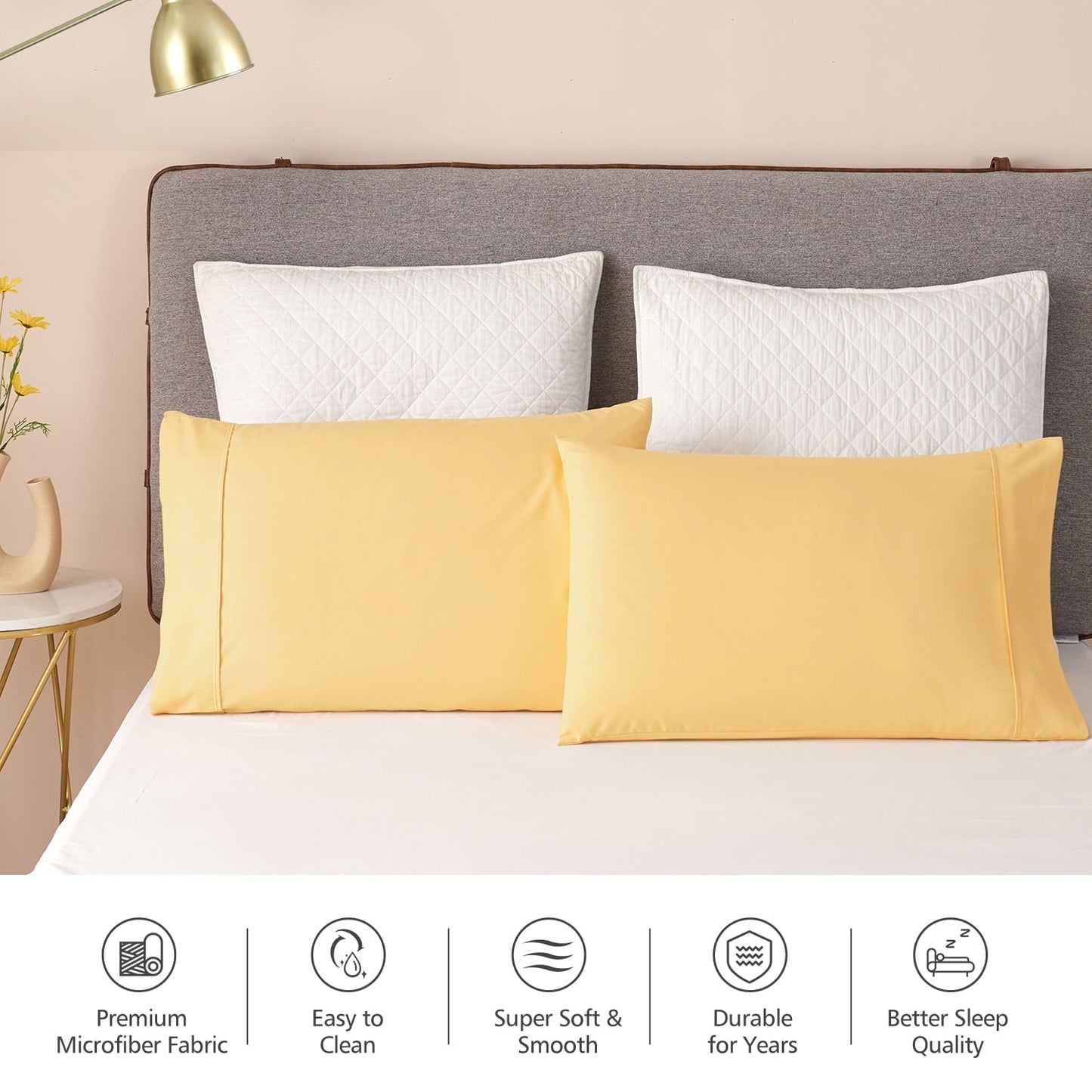 Orthopedic Support Solid Print Pillow Cases, King, Beige, 2-Pieces - Ergonomic Memory Foam Pillow for Neck Pain Support Detail