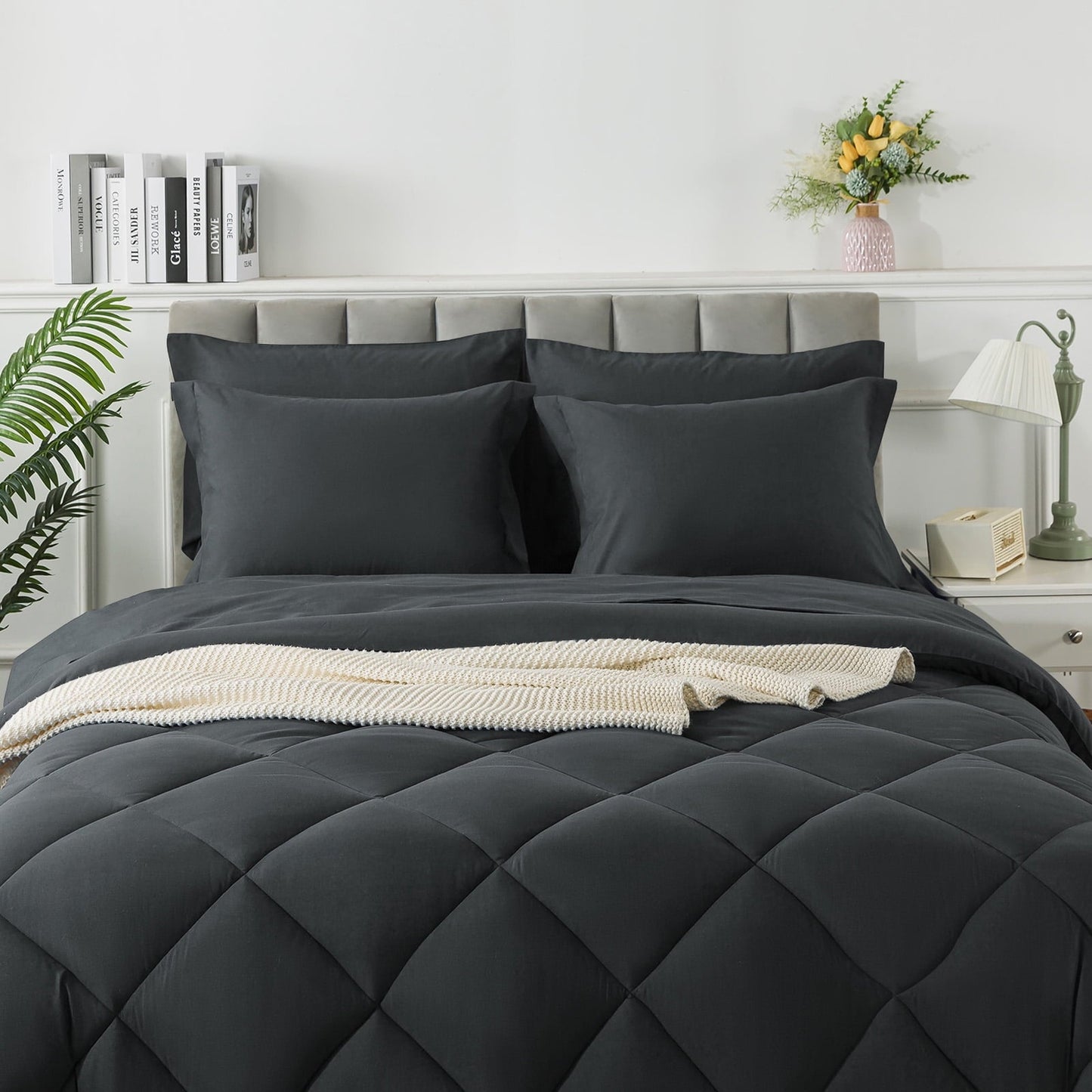 Hypoallergenic Cloud Queen Bed in a Bag Comforter Set with 7 Pieces - Dark Gray All Season Bedding Sets with Comforter, Pillow Shams, Flat... - All-Season Down Alternative Comforter Insert Detail