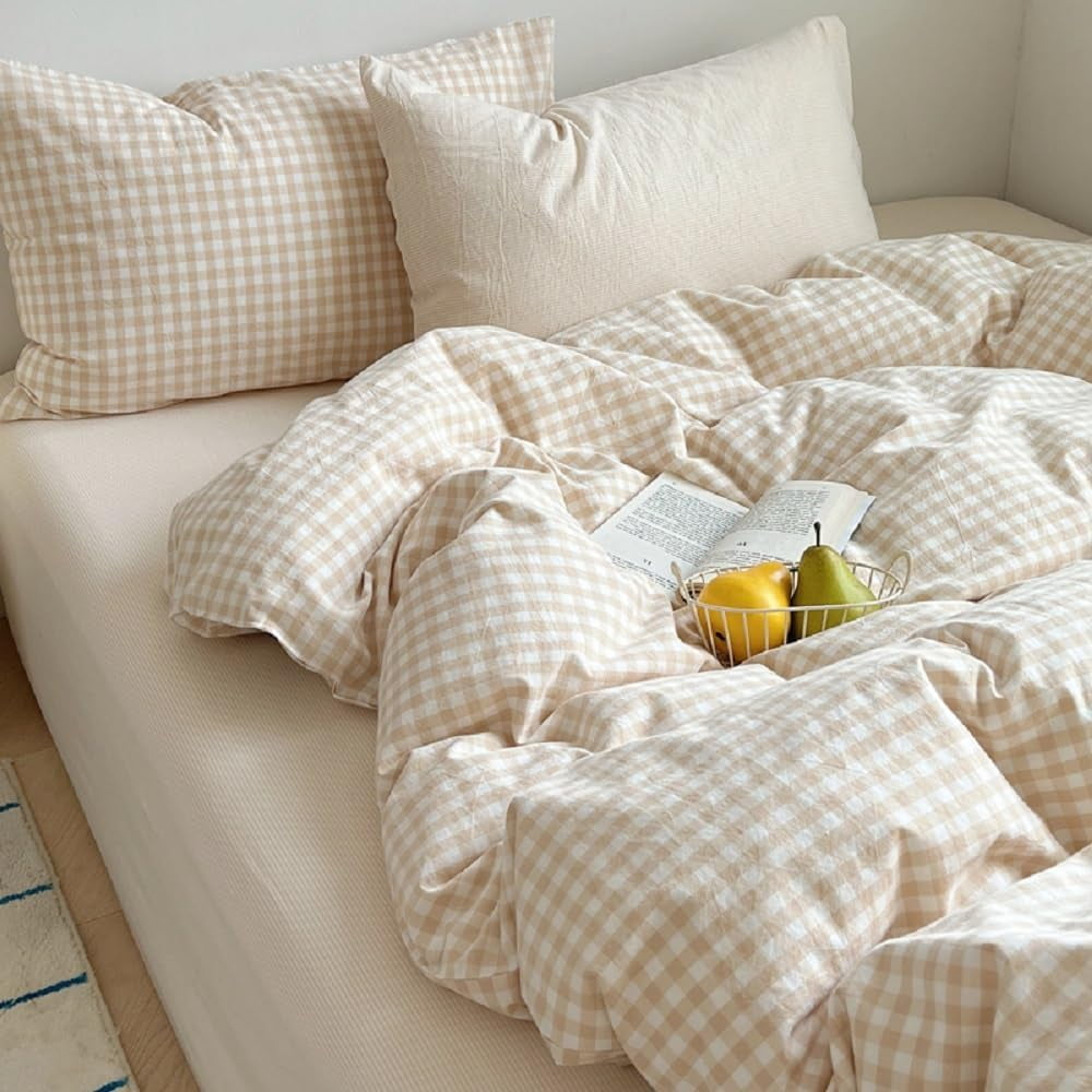 Luxurious Quilted Soft Beige White Plaid Comforter Twin Sets, 2 Pieces Breathable Plaid Buffalo Checkered Comforter for All Season - Hypoallergenic Ultra-Fluffy Quilt for Winter Detail