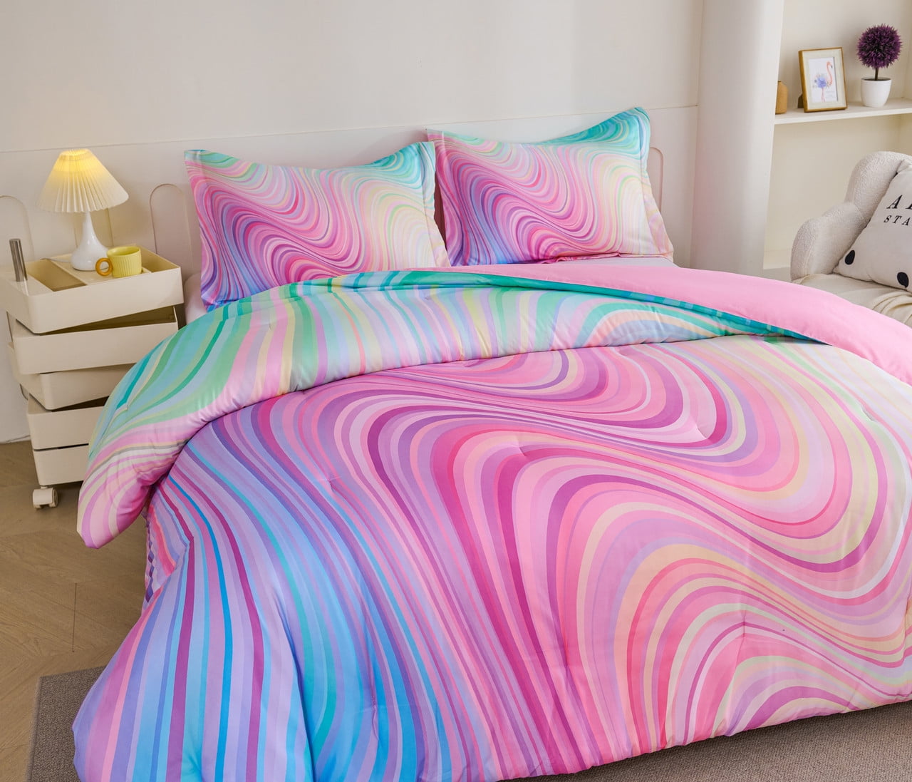 Fluffy Down Alternative 3-Piece Abstract Tie Dye Comforter Set, Blue Pink Purple, Kids Bedding Set for Girls Full/Queen Size - Cloud-Like Soft Lightweight Bed Comforter Detail