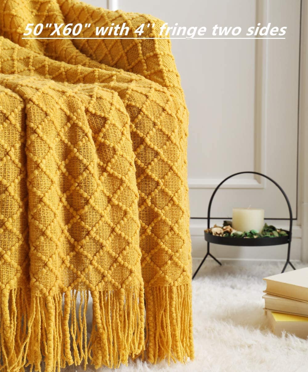 Lightweight Warm Decorative Soft Spring Summer Fall Throw Blanket ,for Couch Sofa Chair Bed,50''X60'',Mustard Yellow - Lightweight Plush Warm Blanket for All Seasons Detail