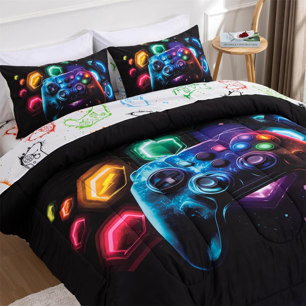 Heavyweight Warmth Game Console Comforter Set for Boys Girls Kids Space Universe Gaming Geometric Lightweight Microfiber Gamer Bedding S... - Luxurious Quilted Duvet Cover Set Detail