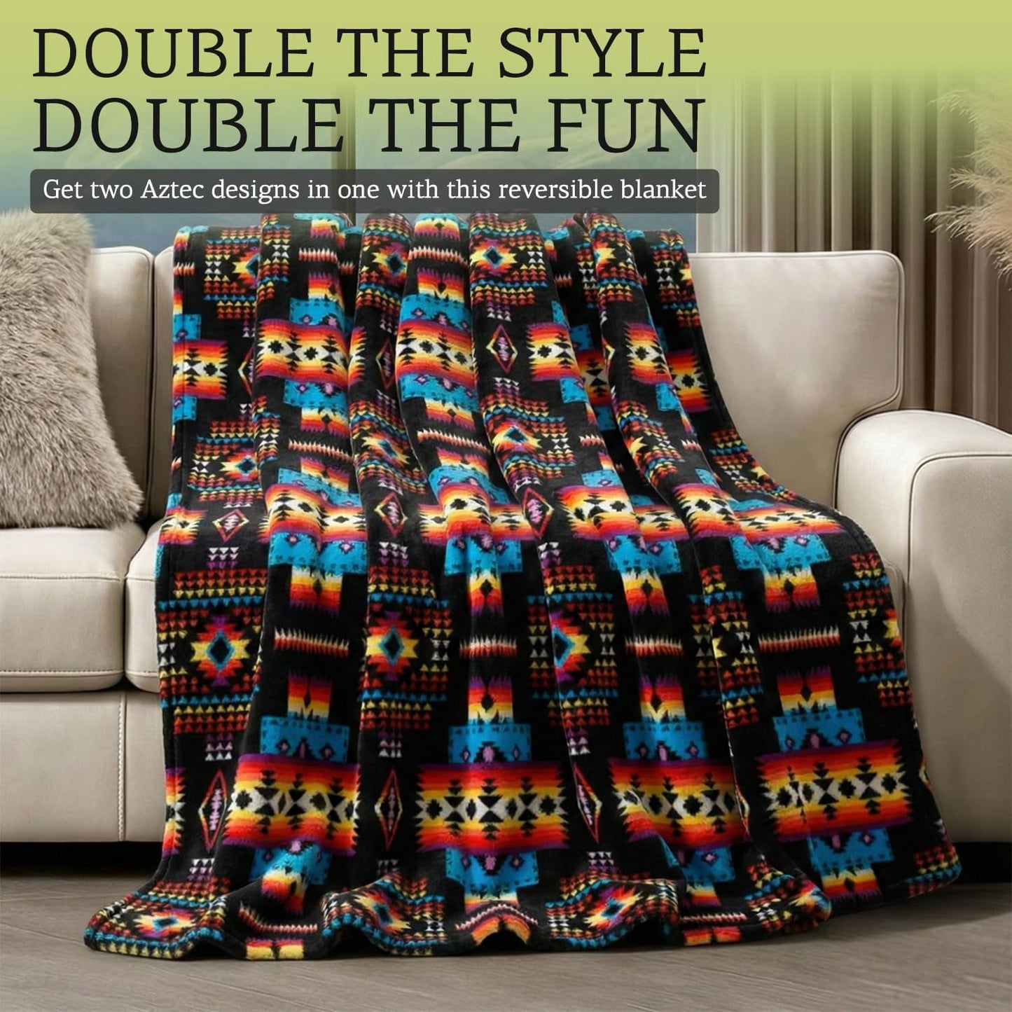 Lightweight Warm Sacred Thread Fleece Blanket South Western, Reversible Mexican, Vibrant Aztec Blankets and Throws for Aztec Decor for... - Luxury Knitted Decorative Throw Blanket with Fringes Detail
