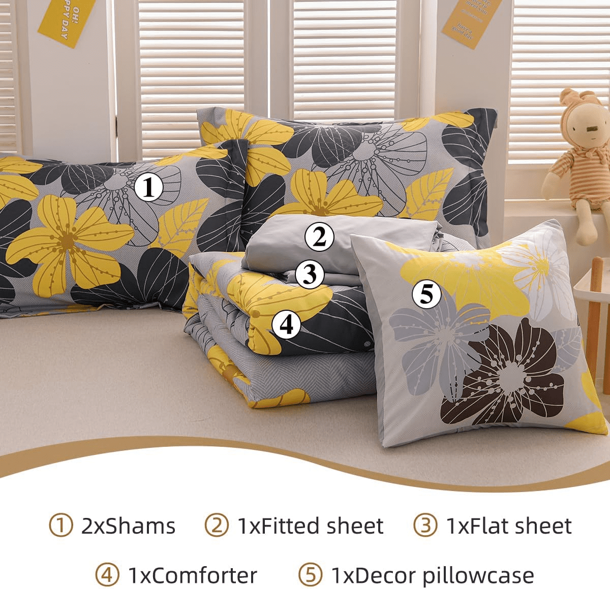 Luxurious Quilted Yellow Floral Comforter Set Queen Flower Bed Set Adult Soft Botanical Boho Bedding Set - Cloud-Like Soft Lightweight Bed Comforter Detail
