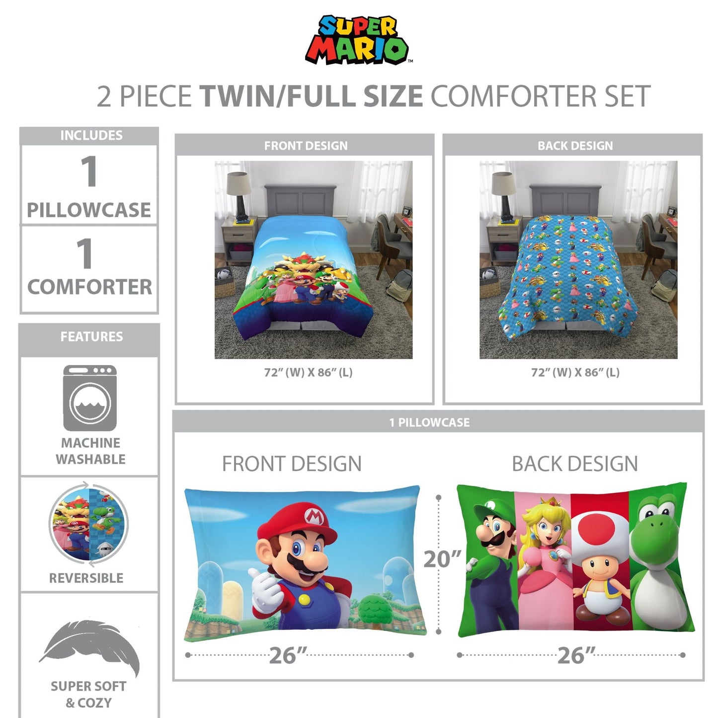 Hypoallergenic Cloud Kids Comforter and Pillowcase, 2-Piece Set, Twin/Full, Reversible - Hypoallergenic Ultra-Fluffy Quilt for Winter Detail