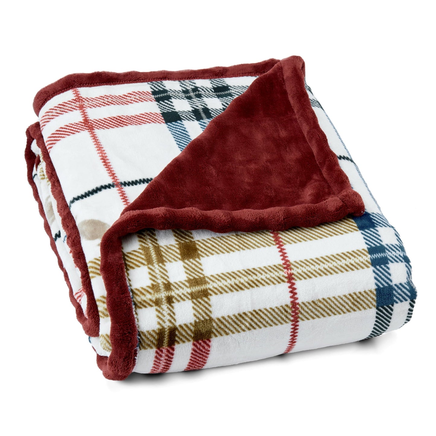 Decorative Knitted Academic Plaid Tartan Crest with Faux Leather Patch and Milky Mink Reverse Throw, 60x70 inches - Super Soft Reversible Sherpa Flannel Blanket Detail