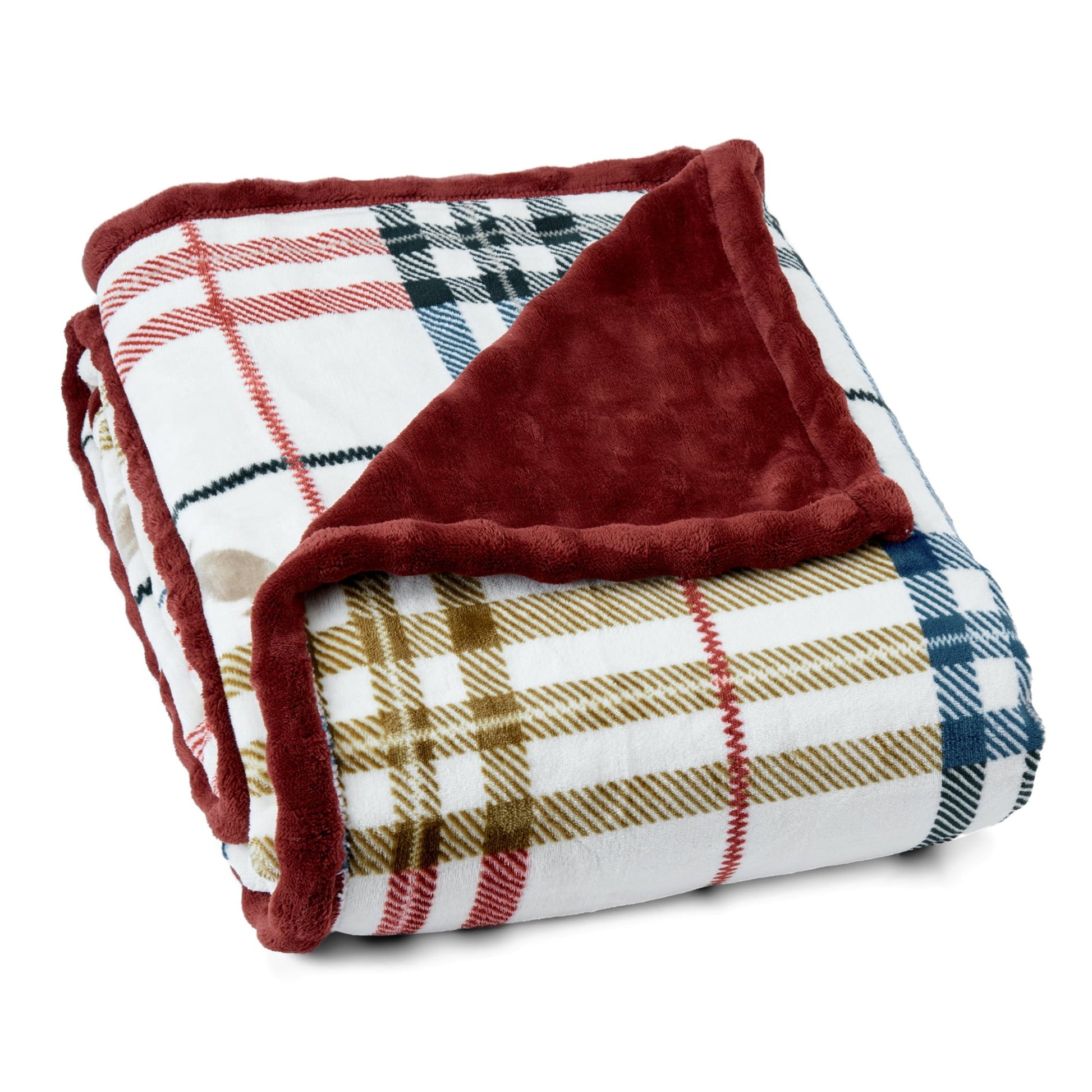 Decorative Knitted Academic Plaid Tartan Crest with Faux Leather Patch and Milky Mink Reverse Throw, 60x70 inches - Super Soft Reversible Sherpa Flannel Blanket Detail