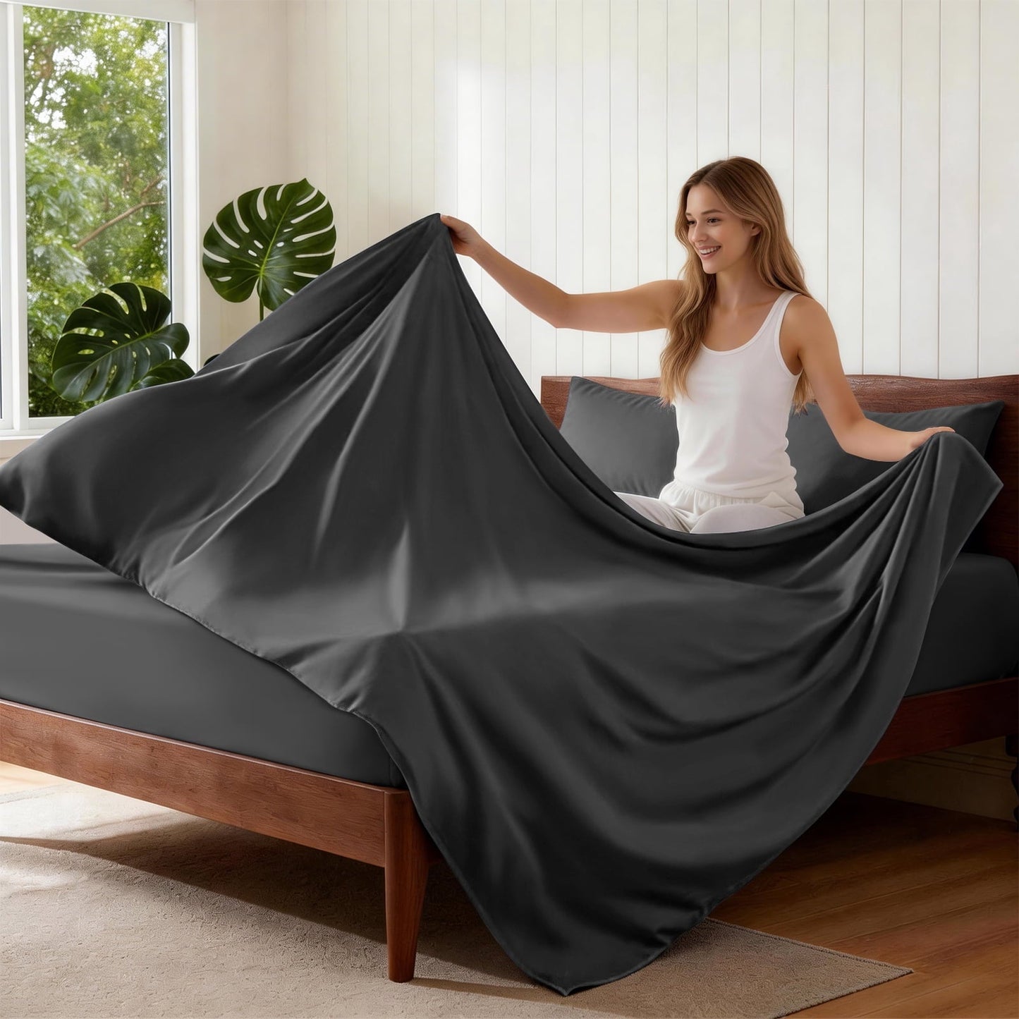 Ultra-Soft Sheets,Soft Hotel Luxury Polyester Washed Cotton,4 Piece Sheets Set,with 14" Deep Pocket,Dark Gray - Cooling Hotel Quality Bedding Sheets and Pillowcases Detail