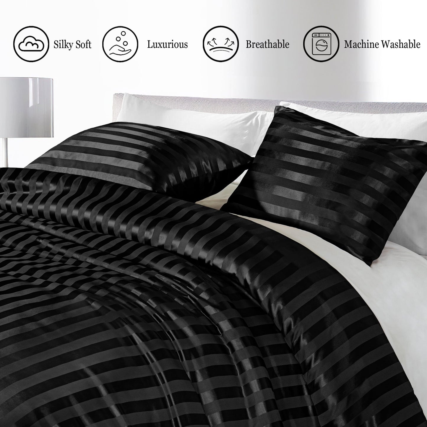 Luxurious Quilted 3-Piece Reversible Silky Soft King Size Comforter Set, Luxury Stripe Satin Oversized Comforter Bedding Set with 2 Sat... - Cloud-Like Soft Lightweight Bed Comforter Detail