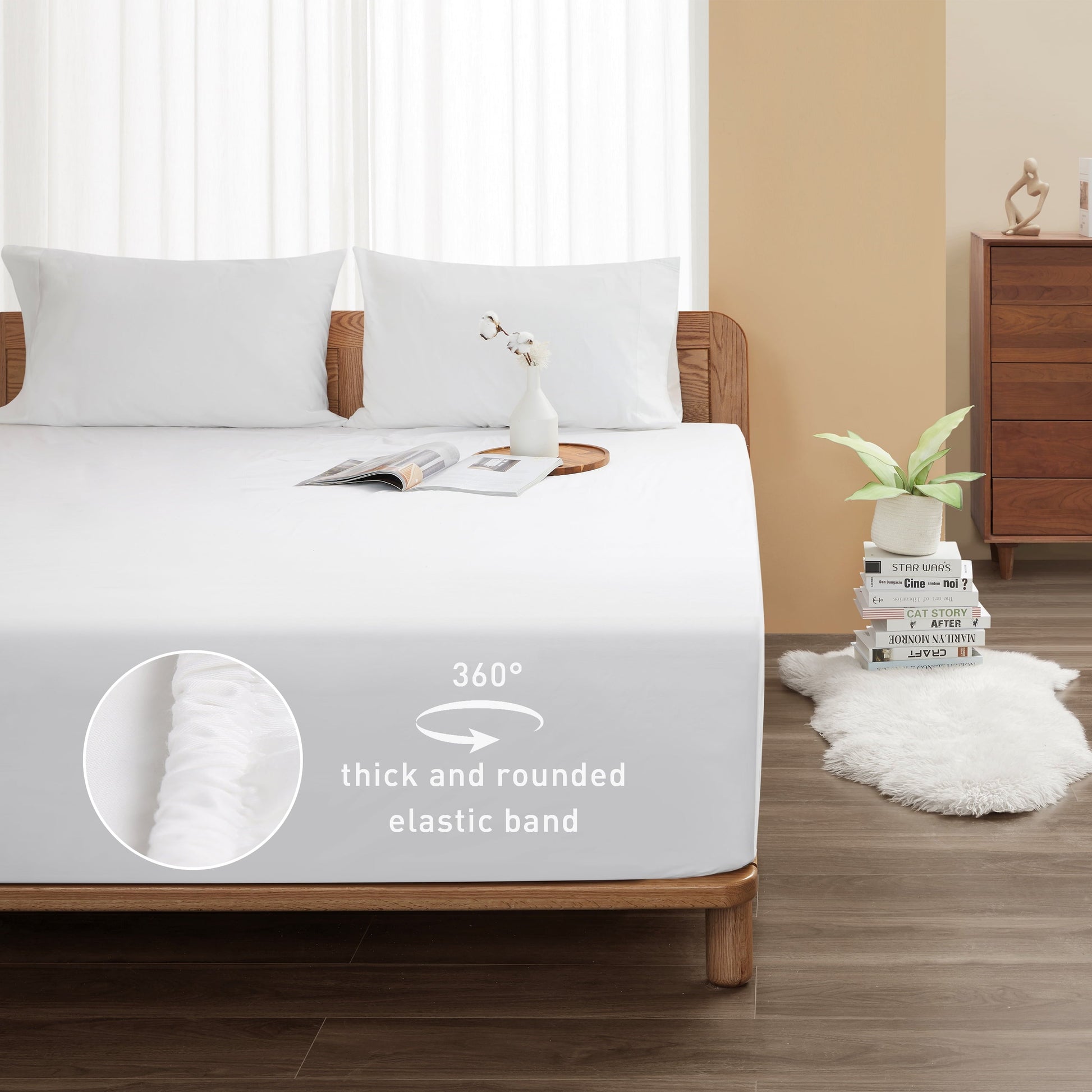 Breathable Luxury 100% Cotton Queen Size Fitted Sheet Only, 300 Thread Count White Fitted Bed Sheet with 22” Extra Deep Pocket, Soft & ... - Cooling Hotel Quality Bedding Sheets and Pillowcases Detail