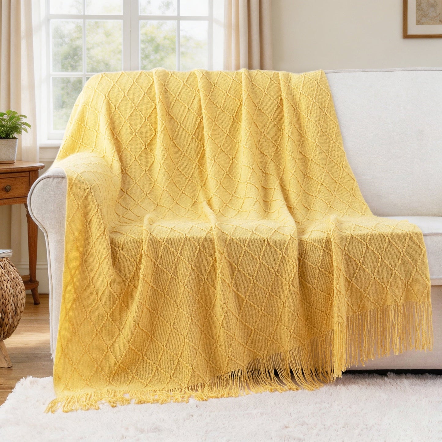 Super Soft Flannel Mustard Throw Blanket for Couch,Gold Yellow Knit Throw with Fringe,Outdoor Throw ,50"x60" - Lightweight Plush Warm Blanket for All Seasons Detail