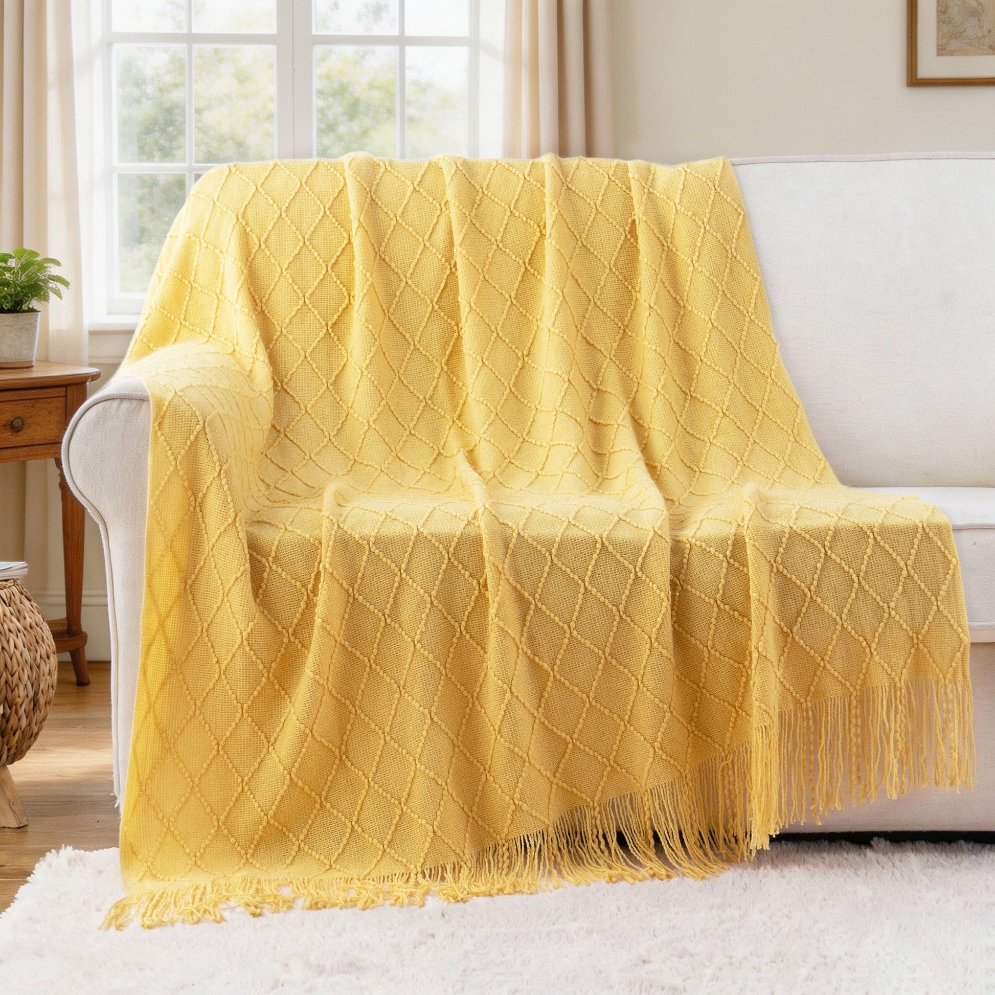 Super Soft Flannel Mustard Throw Blanket for Couch,Gold Yellow Knit Throw with Fringe,Outdoor Throw ,50"x60" - Lightweight Plush Warm Blanket for All Seasons Detail