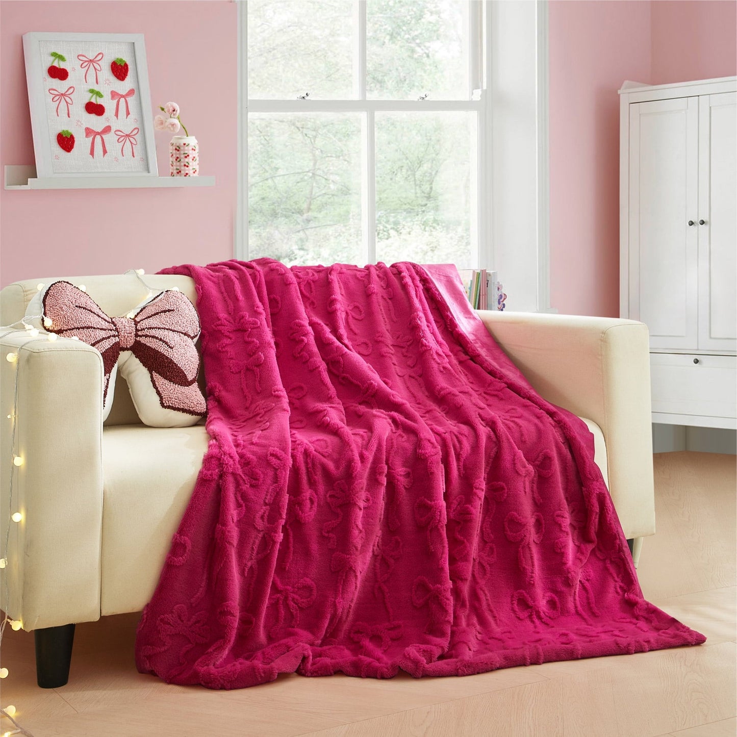 Lightweight Warm Gen Z 50" x 60"Carved Bow Faux Fur Throw - Luxury Knitted Decorative Throw Blanket with Fringes Detail