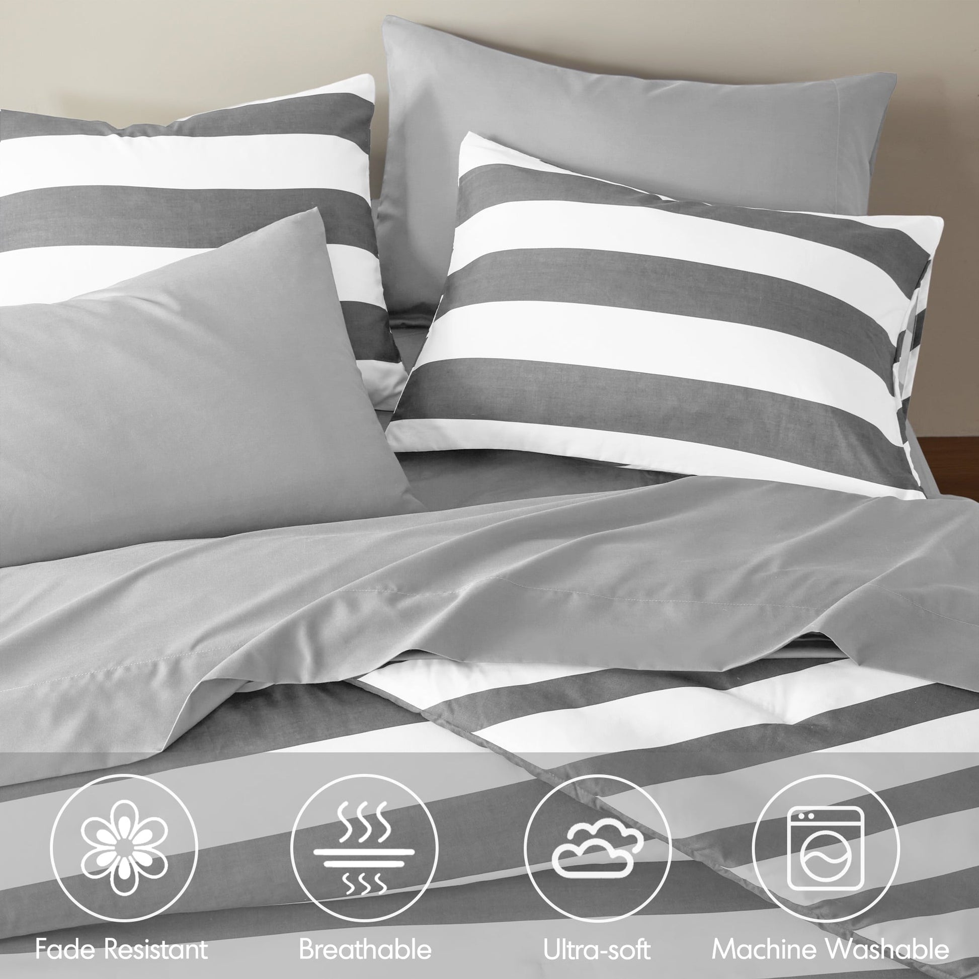 All-Season Full/Queen Size Comforter Sets, 3-Piece Bedding Set Full/Queen, Reversible Striped Comforter Bed Set, Charcoal - Cloud-Like Soft Lightweight Bed Comforter Detail
