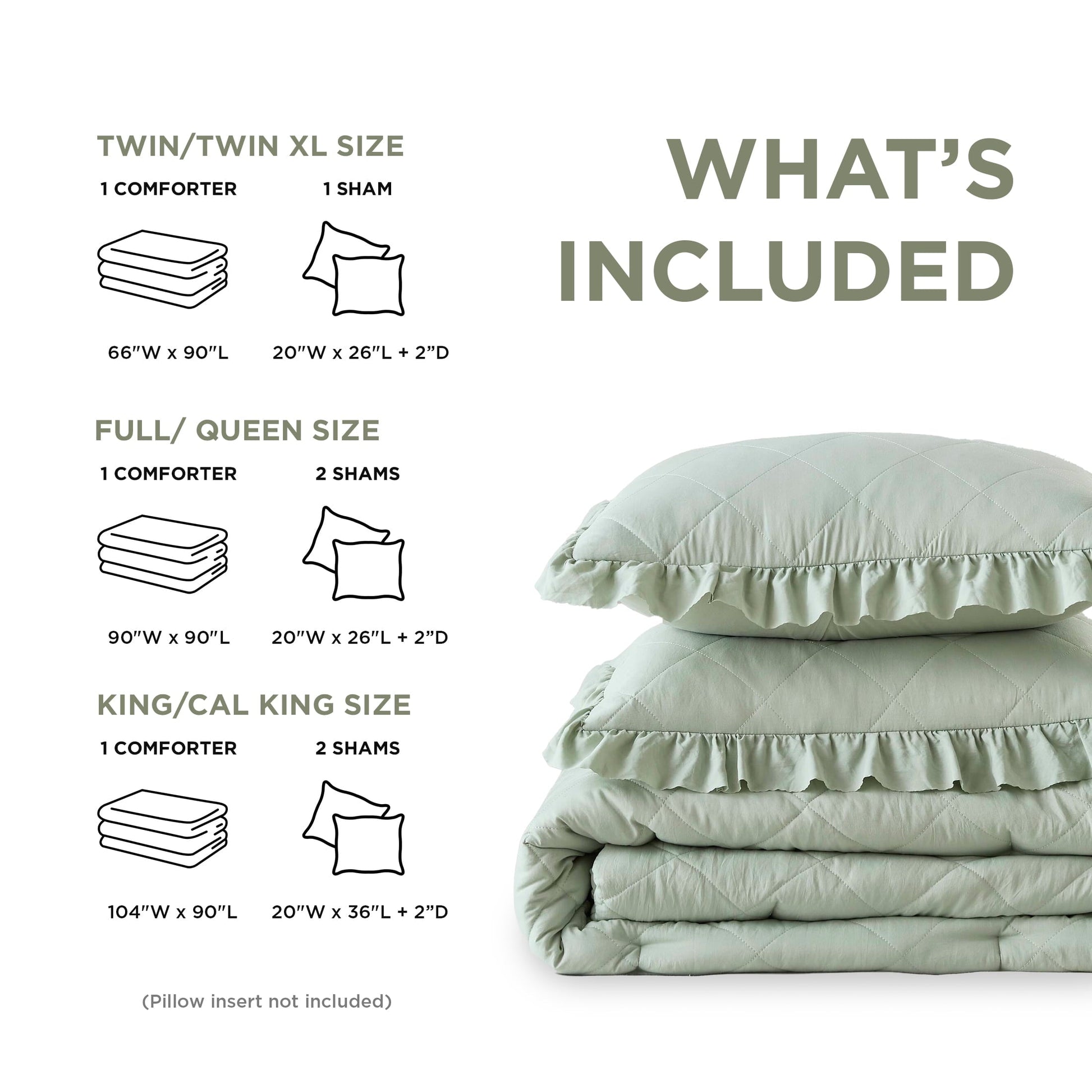 Luxurious Quilted Full/Queen Comforter Set Sage, 3 Pieces Quilted Ruffle Comforters Full/Queen Size, Solid Bedding Comforters Sets, Gif... - All-Season Down Alternative Comforter Insert Detail