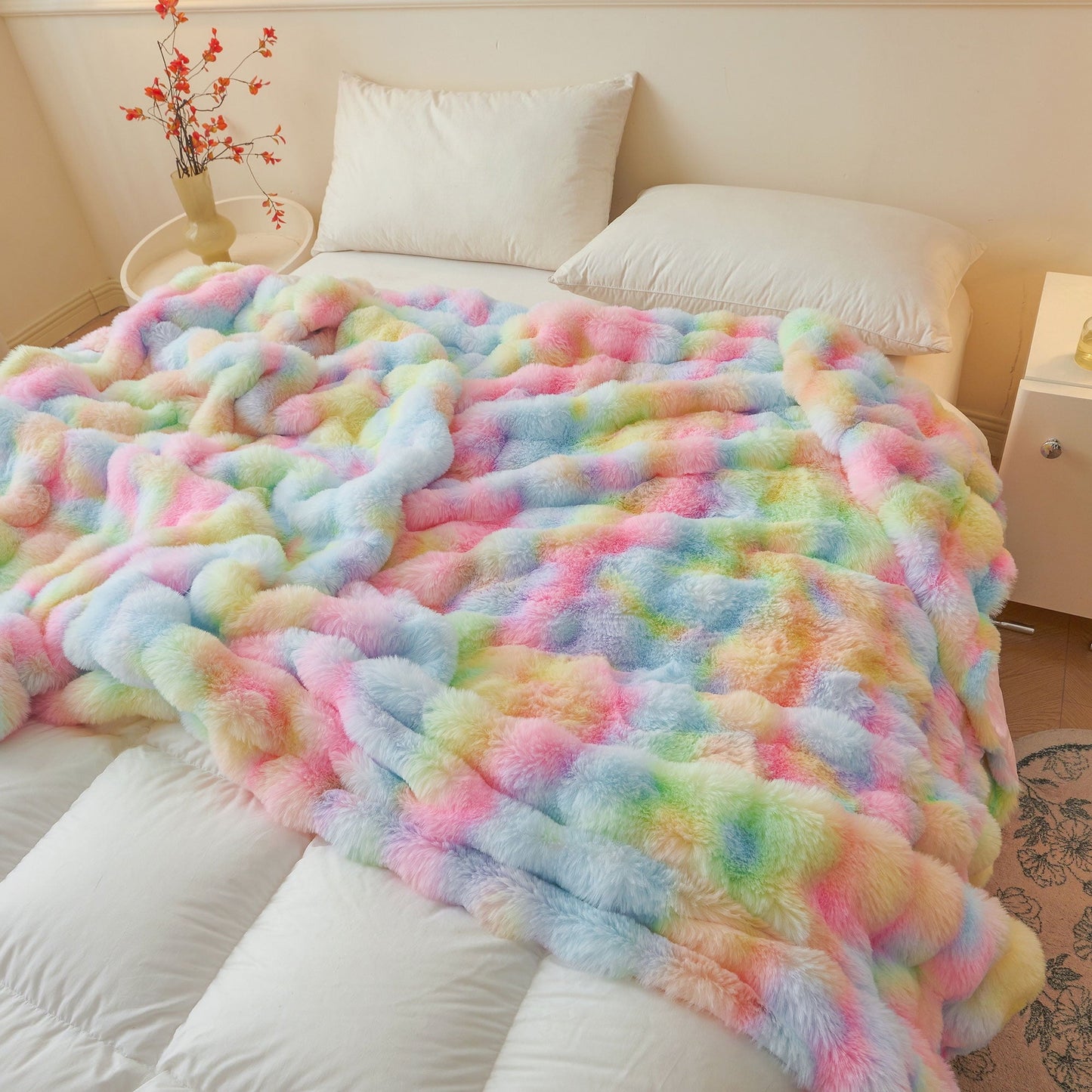 Super Soft Flannel Fluffy Faux Rabbit Fur Bubble Throw, Rainbow Plush Shaggy Blanket for Couch Sofa Chair, Soft Tie Dye Furry Blanket Ad... - Super Soft Reversible Sherpa Flannel Blanket Detail