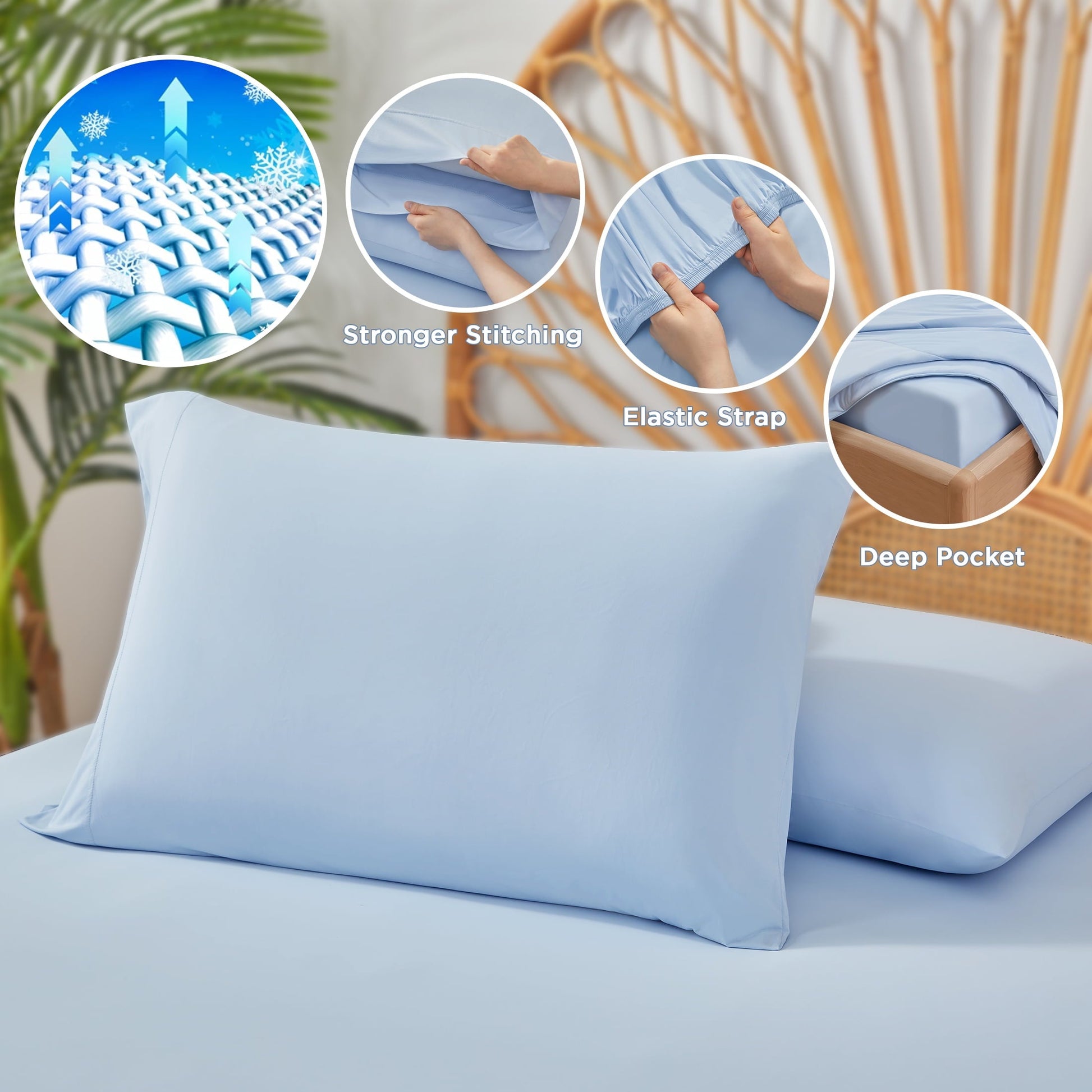 Breathable Luxury Full/QueenSize Sheet Set, 3 Piece Cooling Bed Sheet with Deep Pocket for Hot Sleepers, Ice Blue - Luxury Bed Sheet Set with Deep Pockets Detail