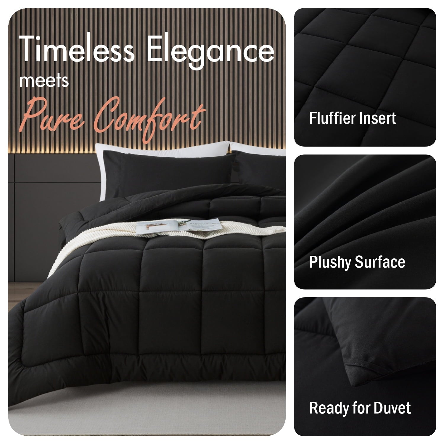 Luxurious Quilted Queen Size 3-Piece All-Season Down Alternative Comforter Set Deep Black (Comforter and Pillowcase Bedding Set / bed i... - Cloud-Like Soft Lightweight Bed Comforter Detail