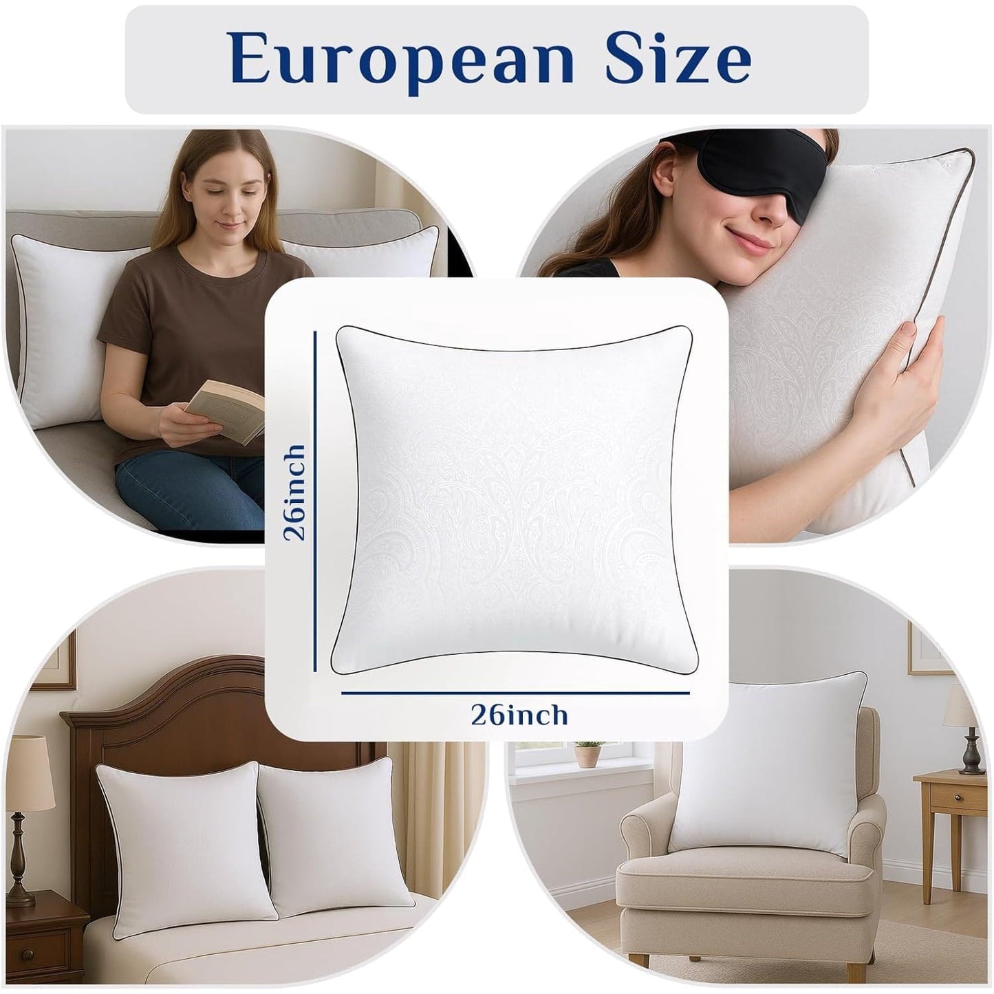 Decorative Plump for Sleeping, Soft and Supportive Throw for Couch, Bed and Sofa, Down Alternative Pillow, 26x26 Inches - Orthopedic Shredded Foam Bed Pillow Set Detail