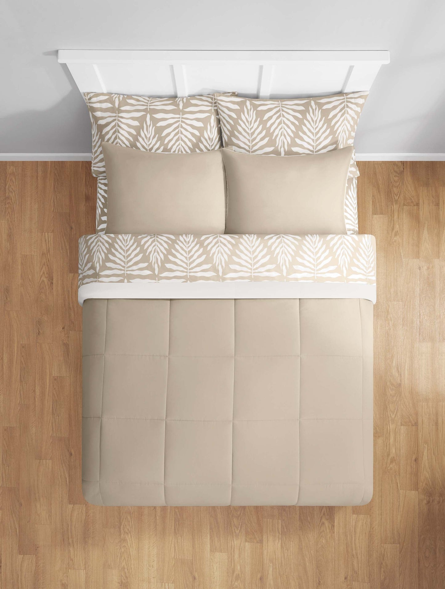 Heavyweight Warmth All in One Reversible Comforter and Sheet Set- 7 Piece, Queen, Beige Palm - Hypoallergenic Ultra-Fluffy Quilt for Winter Detail