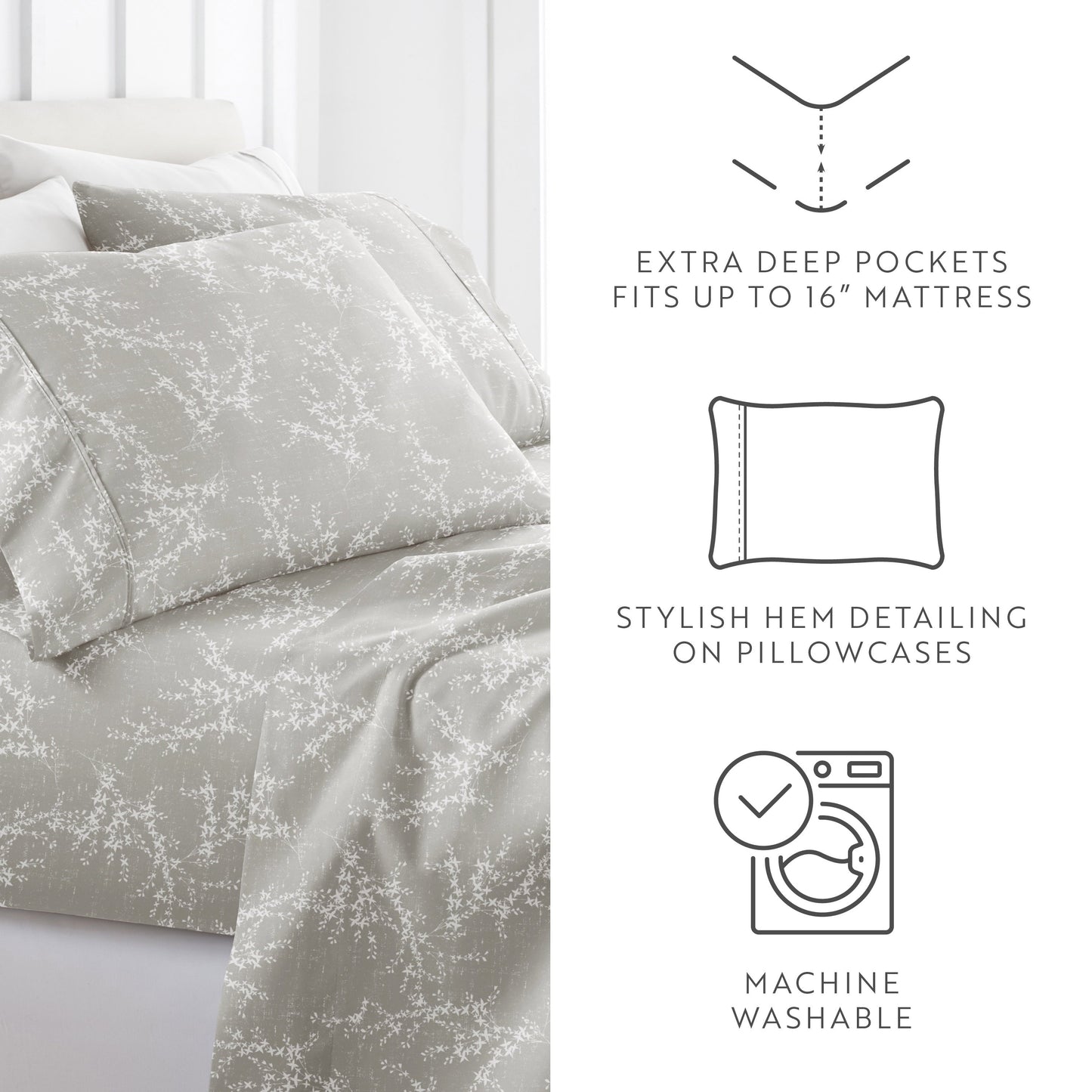 Premium Egyptian Cotton 3 Piece Pattern Microfiber Bed Sheets Set, Distressed Willow Light Gray, Twin - Breathable Egyptian Cotton Flat & Fitted Sheets Detail