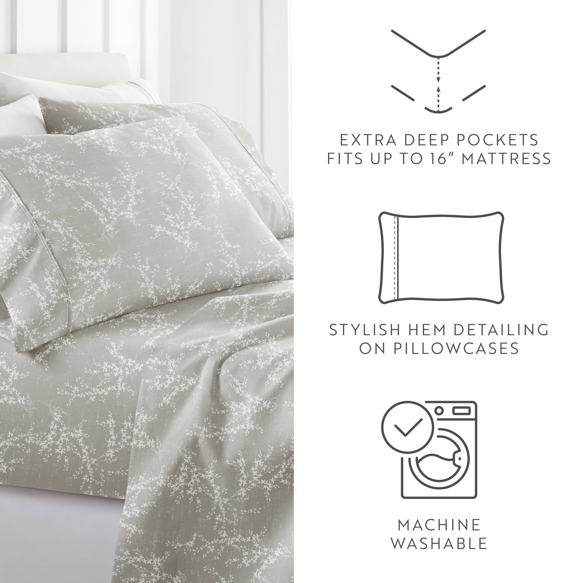 Premium Egyptian Cotton 3 Piece Pattern Microfiber Bed Sheets Set, Distressed Willow Light Gray, Twin - Breathable Egyptian Cotton Flat & Fitted Sheets Detail
