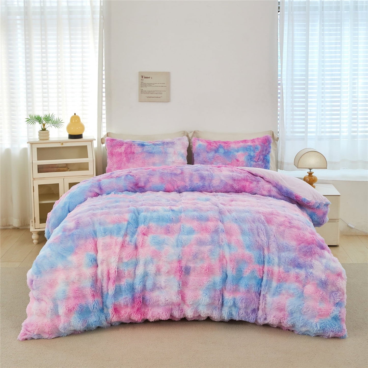 Hypoallergenic Cloud Faux Rabbit Fur Comforter Set Twin 3Pcs Girls Blue Purple Bedding Set Tie-Dyeing Soft Bed Comforter Set Warm Fuzzy Ki... - Luxurious Quilted Duvet Cover Set Detail