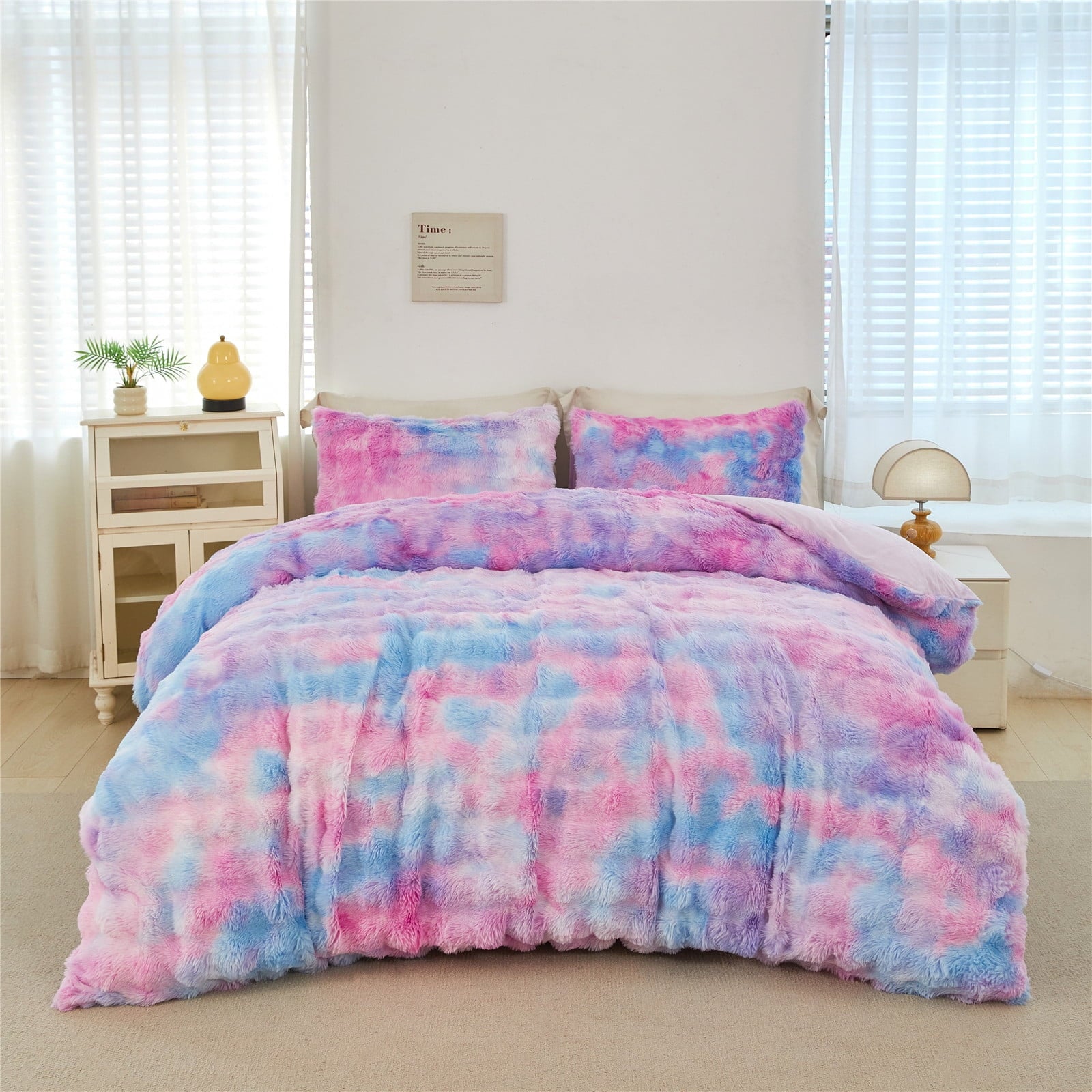 Hypoallergenic Cloud Faux Rabbit Fur Comforter Set Twin 3Pcs Girls Blue Purple Bedding Set Tie-Dyeing Soft Bed Comforter Set Warm Fuzzy Ki... - Luxurious Quilted Duvet Cover Set Detail