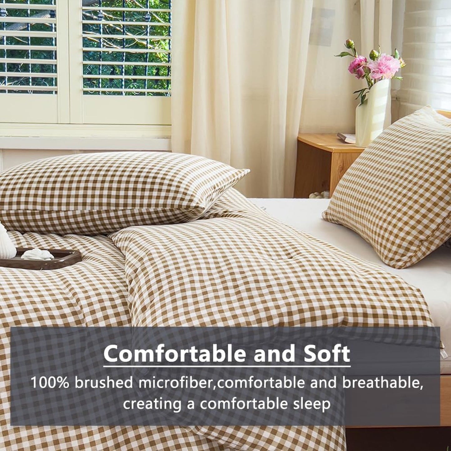 Heavyweight Warmth Tan Gingham Queen Comforter Set, Taupe Plaid Bedding Set, Checked Bed Comforter 3 Pieces(Tan Gingham, Queen) - Hypoallergenic Ultra-Fluffy Quilt for Winter Detail