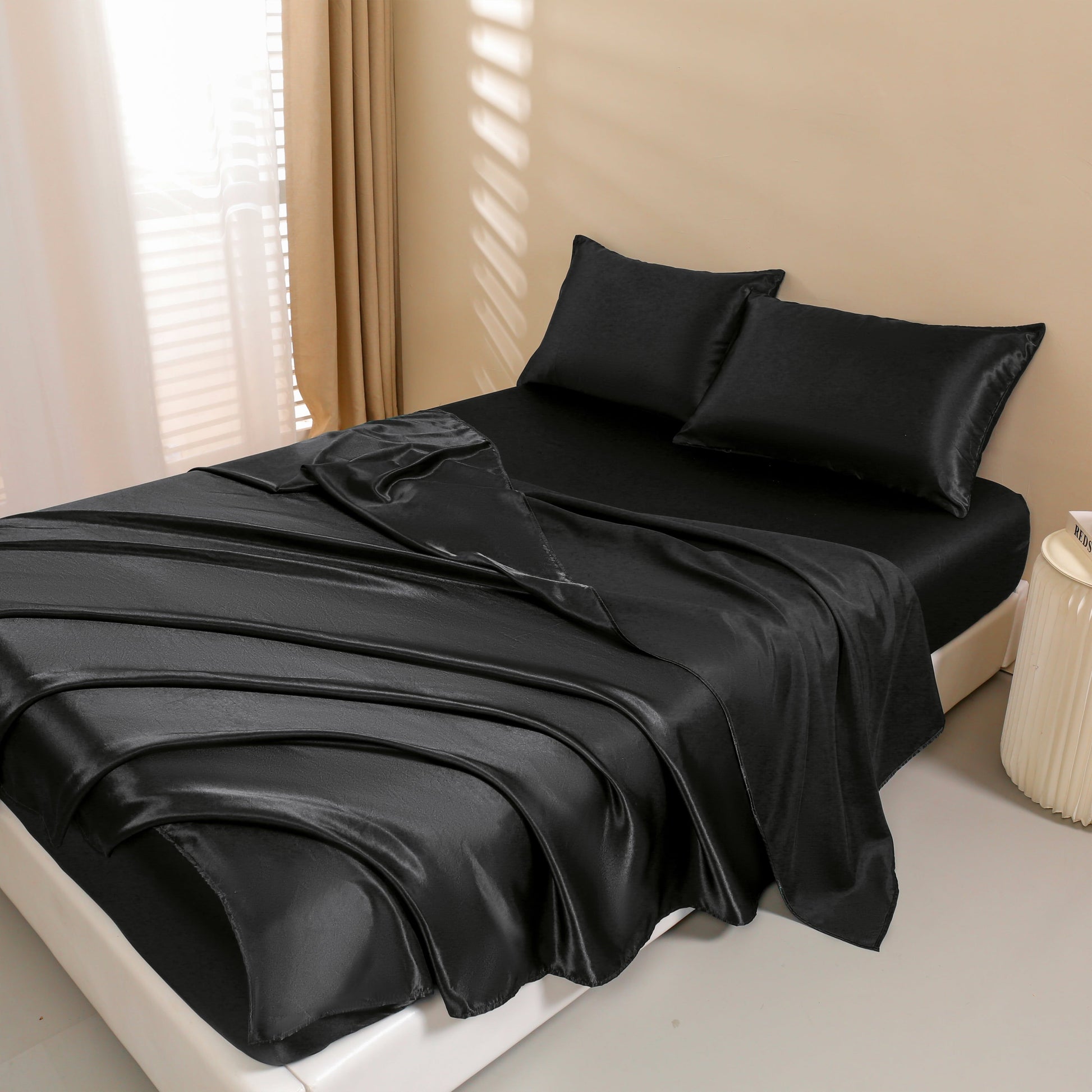 Breathable Luxury 4Pcs Black Satin Sheets Queen Set Silk Sheets 13" Deep Pocket Ultra Soft silky Bed Sheet Set - Luxury Bed Sheet Set with Deep Pockets Detail