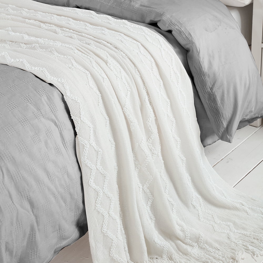 Decorative Knitted Fluffy Chenille Knitted Fringe Throw Blanket, Lightweight Soft Cozy Bed Sofa Chair Blanket, White, 50" x 60" - Lightweight Plush Warm Blanket for All Seasons Detail