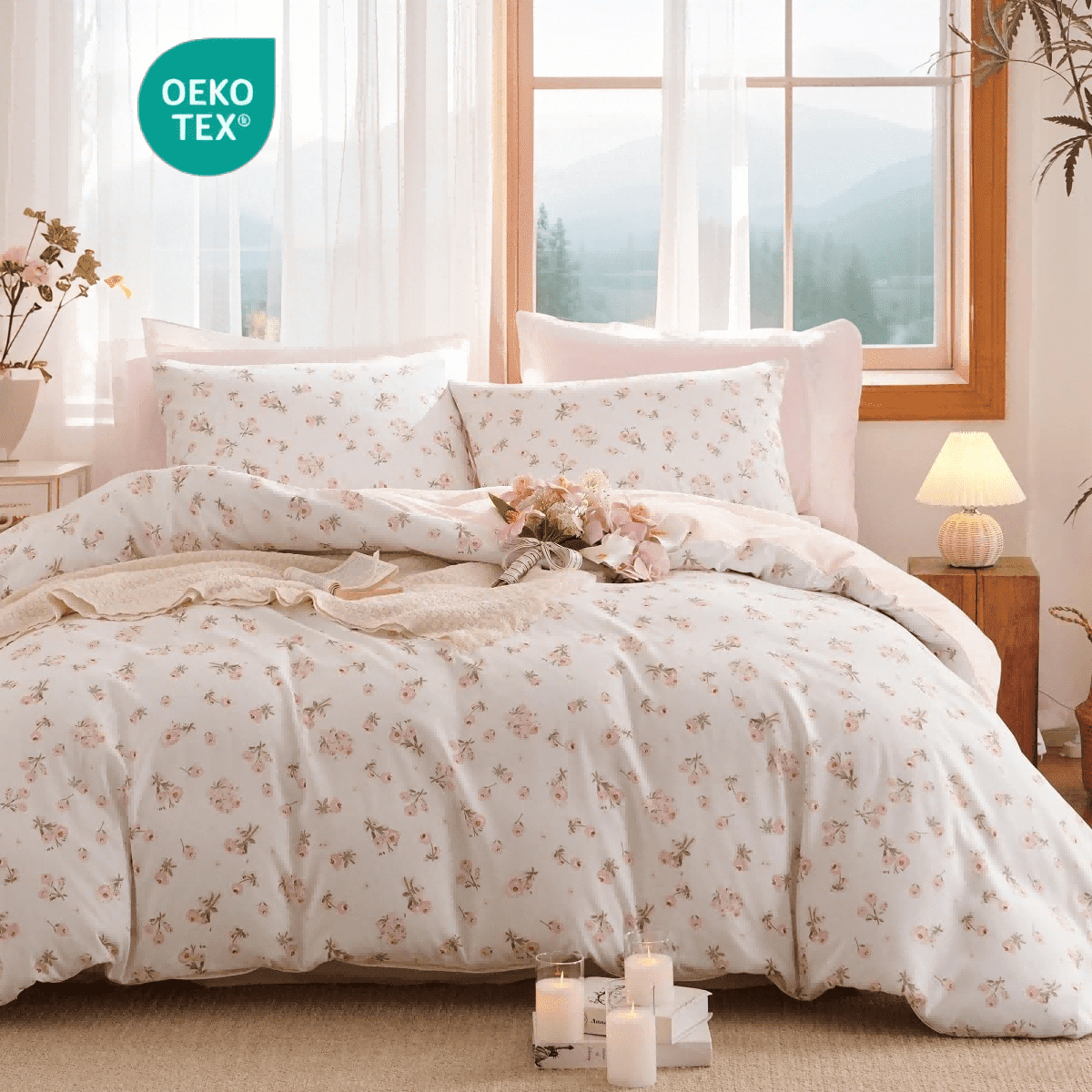 All-Season Pink loyalty Floral Comforter Queen Sets, 3 Pieces Chic Botanical Pink White Floral Reversible Comforter for All Season - Luxurious Quilted Duvet Cover Set Detail