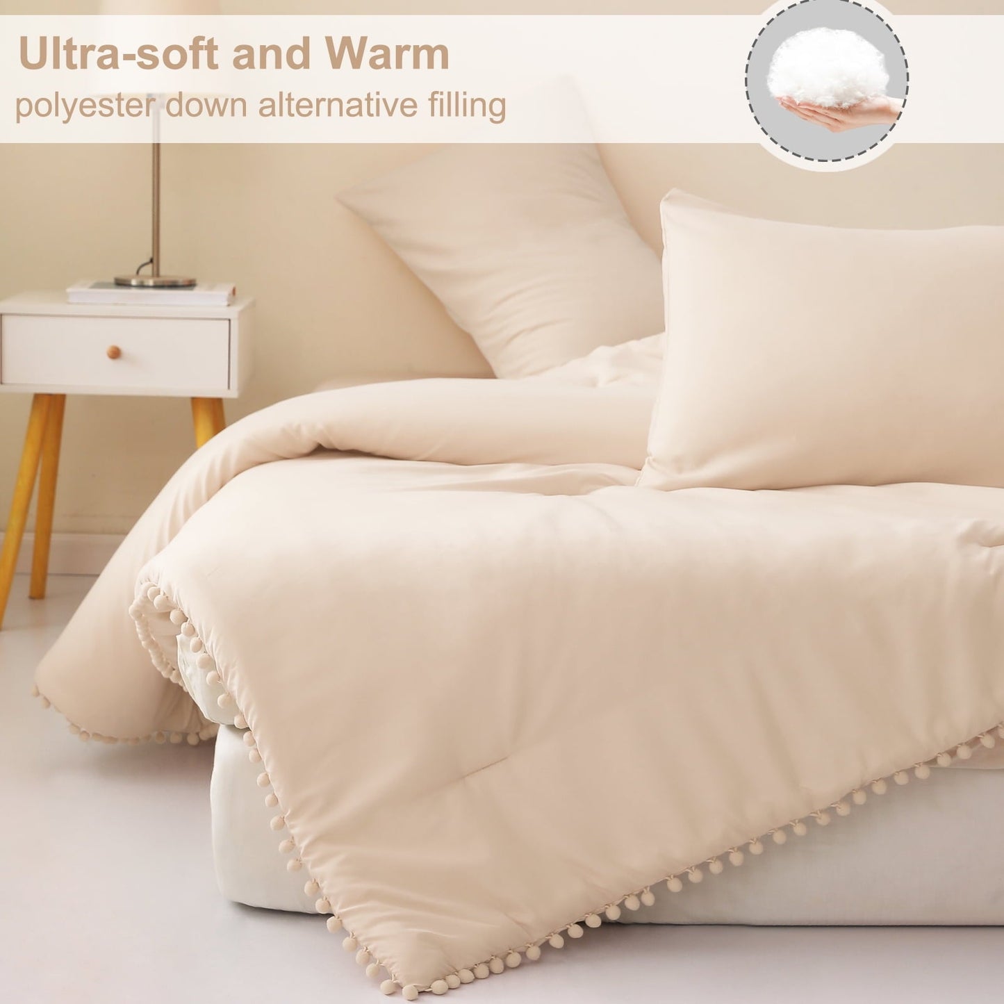 Luxurious Quilted Boho Pom Pom Ball Fringe King Size Comforter Set, 3 Pieces Beige Lightweight Down Alternative Bedding Comforter Sets ... - Cloud-Like Soft Lightweight Bed Comforter Detail