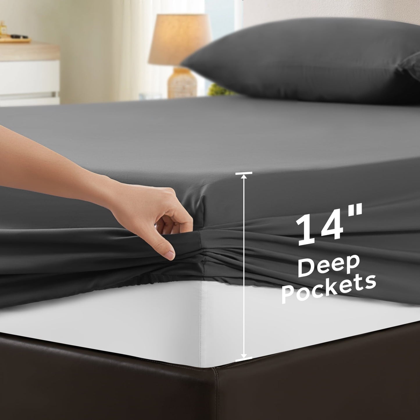 Ultra-Soft Sheets,Soft Hotel Luxury Polyester Washed Cotton,4 Piece Sheets Set,with 14" Deep Pocket,Dark Gray - Cooling Hotel Quality Bedding Sheets and Pillowcases Detail