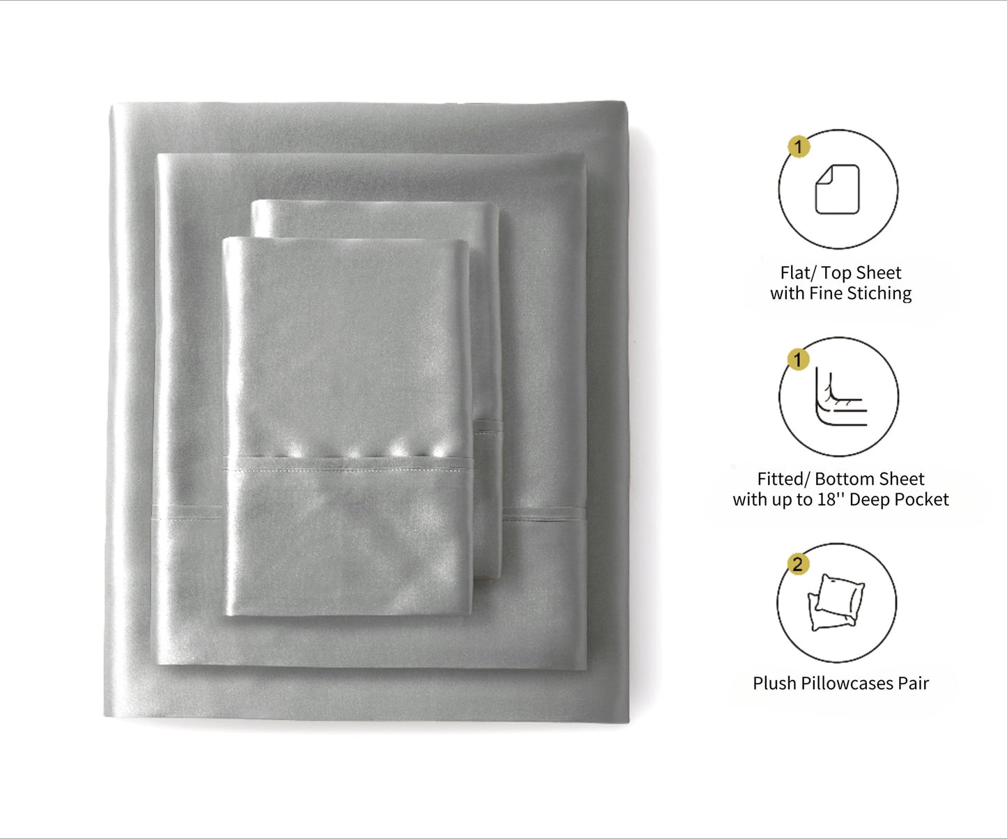 Wrinkle-Resistant Luxury Satin Sheets Set Full Size Light Gray, 4-Piece Bedding Sets with Deep Pockets - Soft and Smooth Satin Bed Shee... - Premium Ultra-Soft Pillowcase Pair for Sleeping Detail