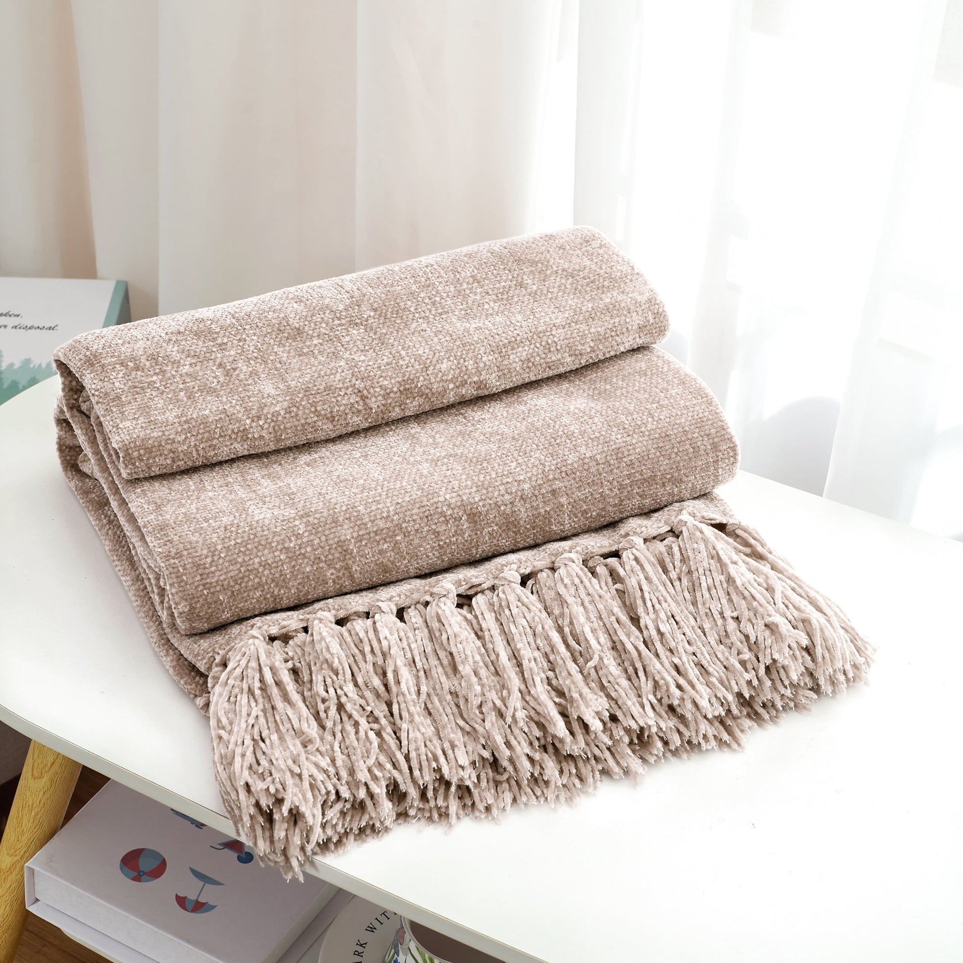 Lightweight Warm Chenille Throw Blanket with Fringe Tassel for Couch Sofa Chair Bed, Taupe 50" X 60" - Lightweight Plush Warm Blanket for All Seasons Detail