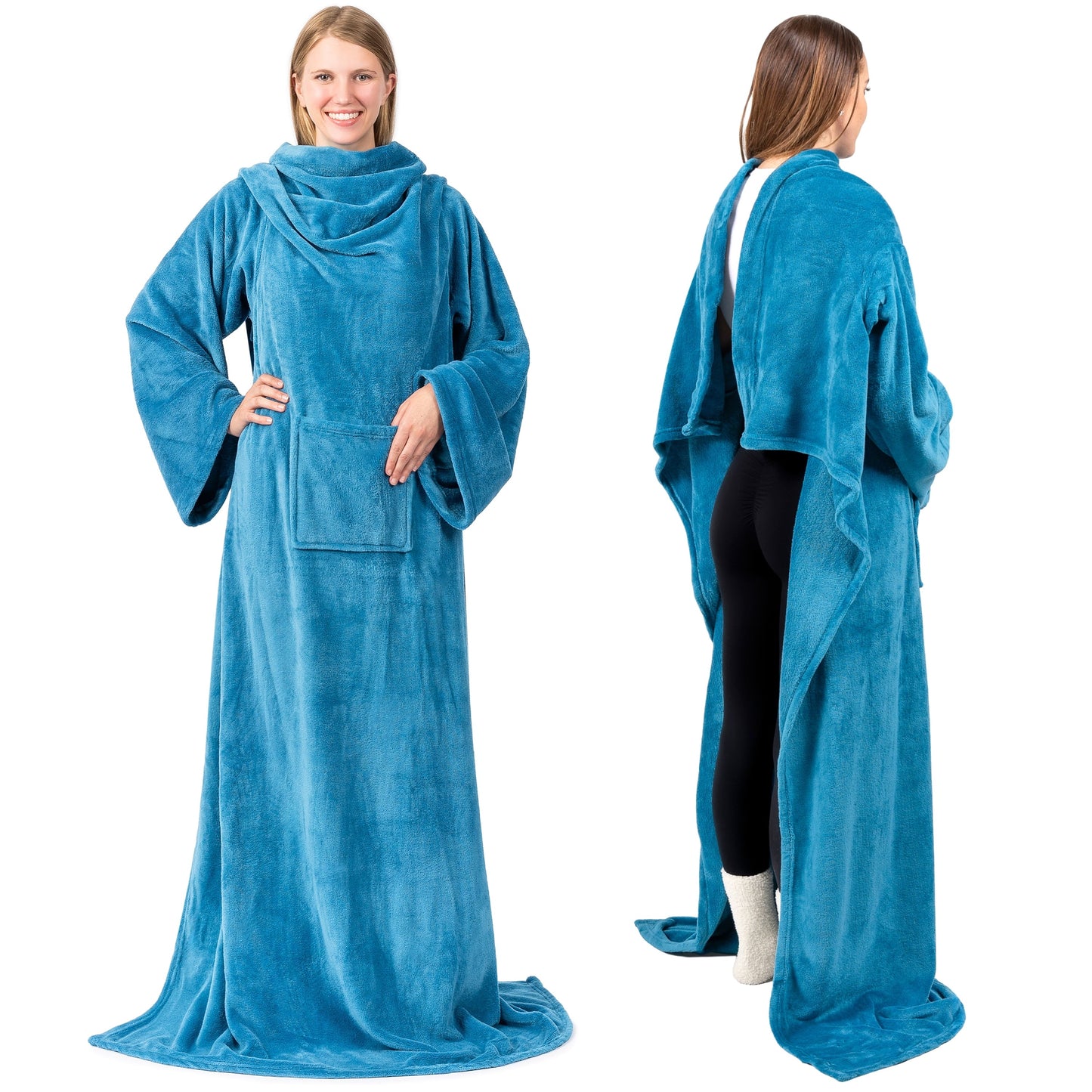 Decorative Knitted Wearable Blanket with Sleeves for Adult Women Men, Cozy Fleece Warm Wrap Throw Blanket with Arms, Pocket, Gifts for C... - Luxury Knitted Decorative Throw Blanket with Fringes Detail