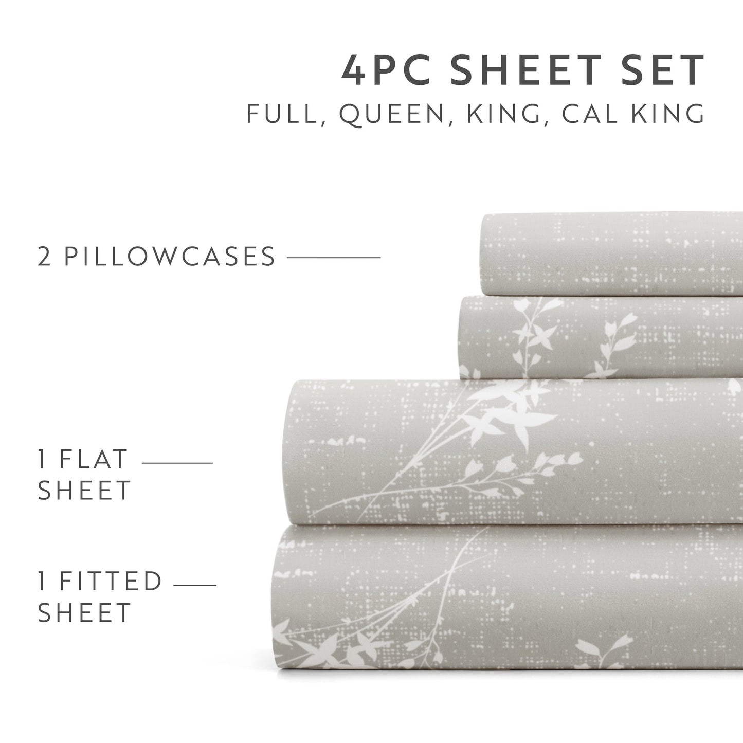 Premium Egyptian Cotton 3 Piece Pattern Microfiber Bed Sheets Set, Distressed Willow Light Gray, Twin - Breathable Egyptian Cotton Flat & Fitted Sheets Detail