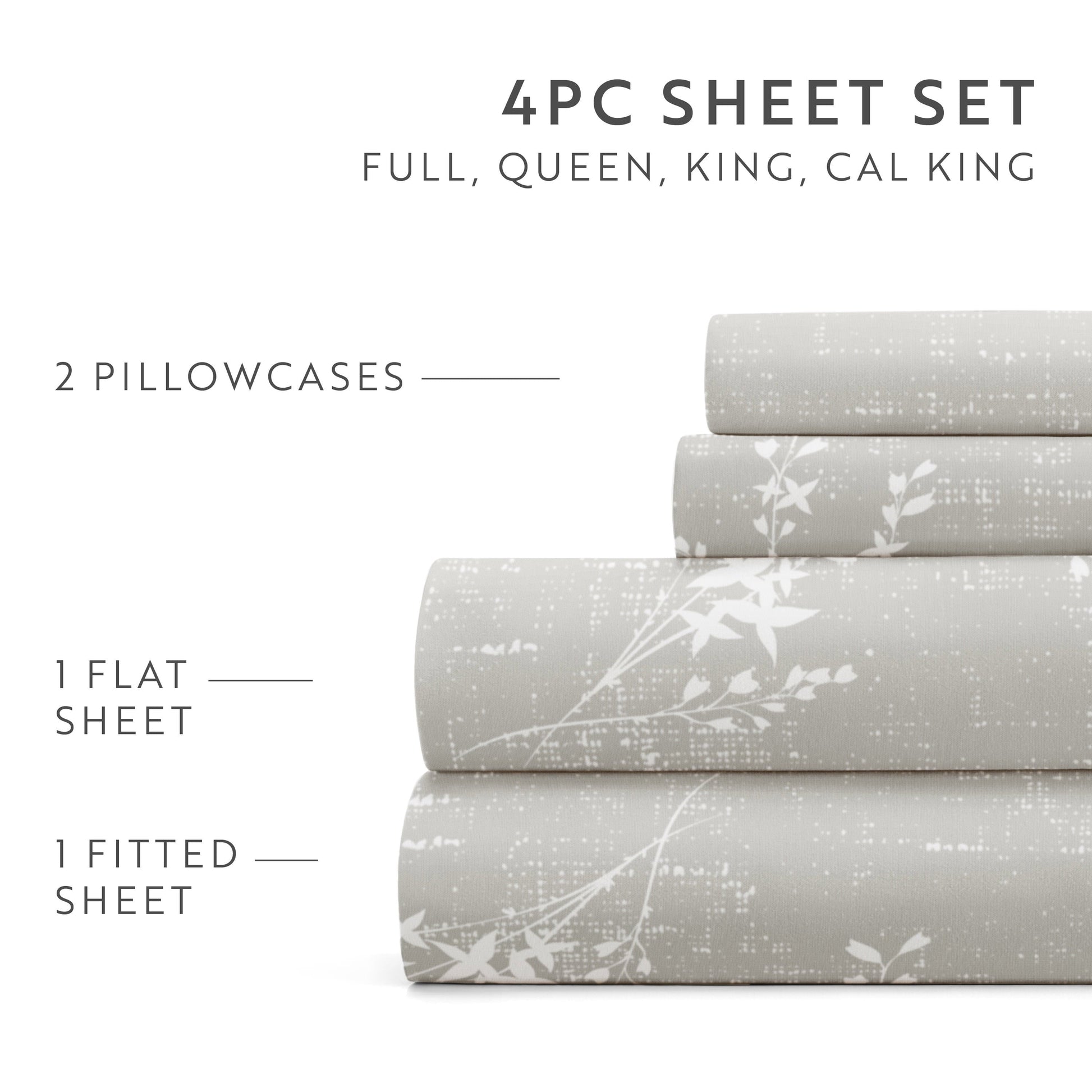 Premium Egyptian Cotton 3 Piece Pattern Microfiber Bed Sheets Set, Distressed Willow Light Gray, Twin - Breathable Egyptian Cotton Flat & Fitted Sheets Detail