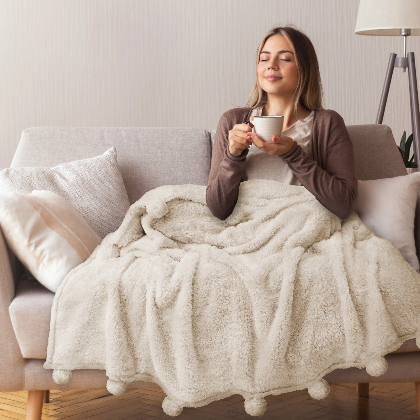 Cozy Fleece Ivory Cream Sherpa Throw Blanket with Soft Pom Pom Fringe, Plush Cozy Warm Blankets for Couch Bed Sofa, Fuzzy Fleece ... - Cozy Fleece Throw Blanket for Couch & Bed Detail
