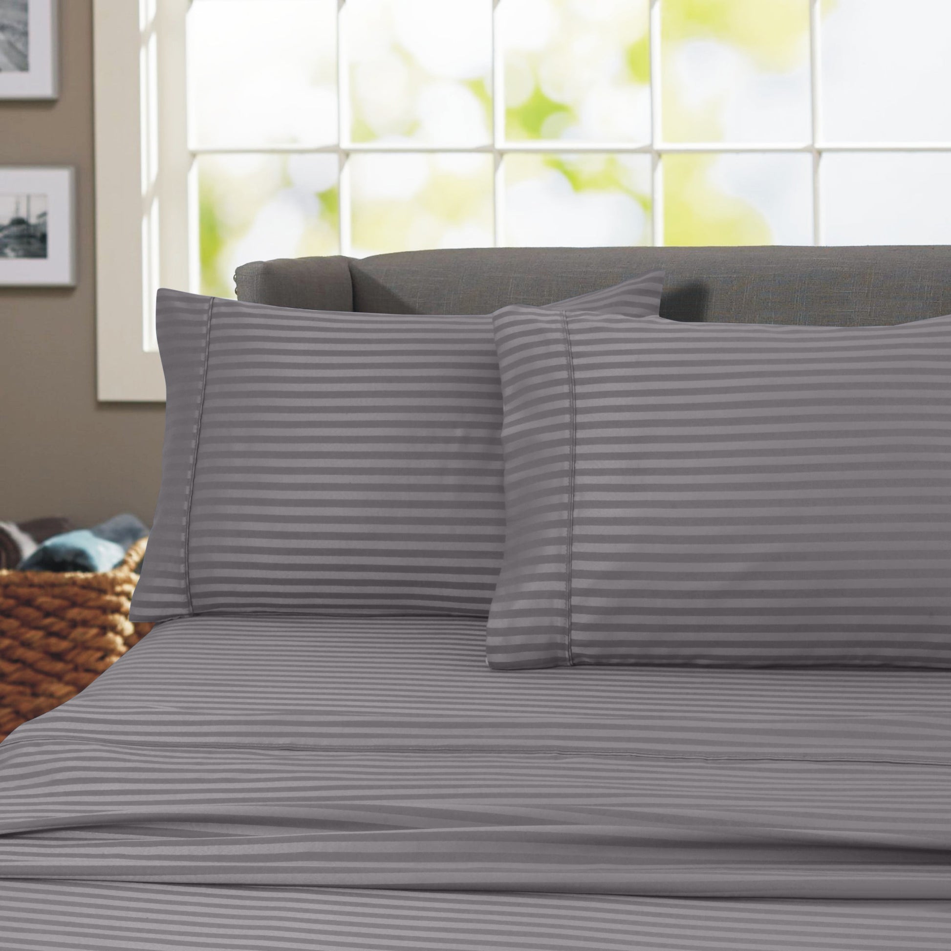 Breathable Luxury 600 100% Cotton Wrinkle Free Striped Sheet Set (Twin, Gray) - Premium Ultra-Soft Pillowcase Pair for Sleeping - Default Title