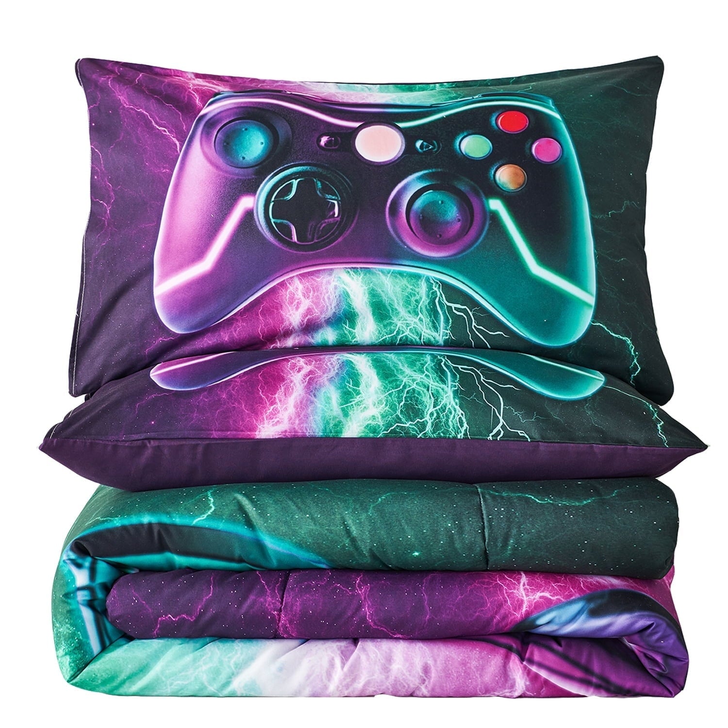 Hypoallergenic Cloud Queen Size Gaming Comforter Set for Boys,3-Piece 3D Green Purple Lightning Game Controller Bedding Set for Kids Teens - Cloud-Like Soft Lightweight Bed Comforter Detail