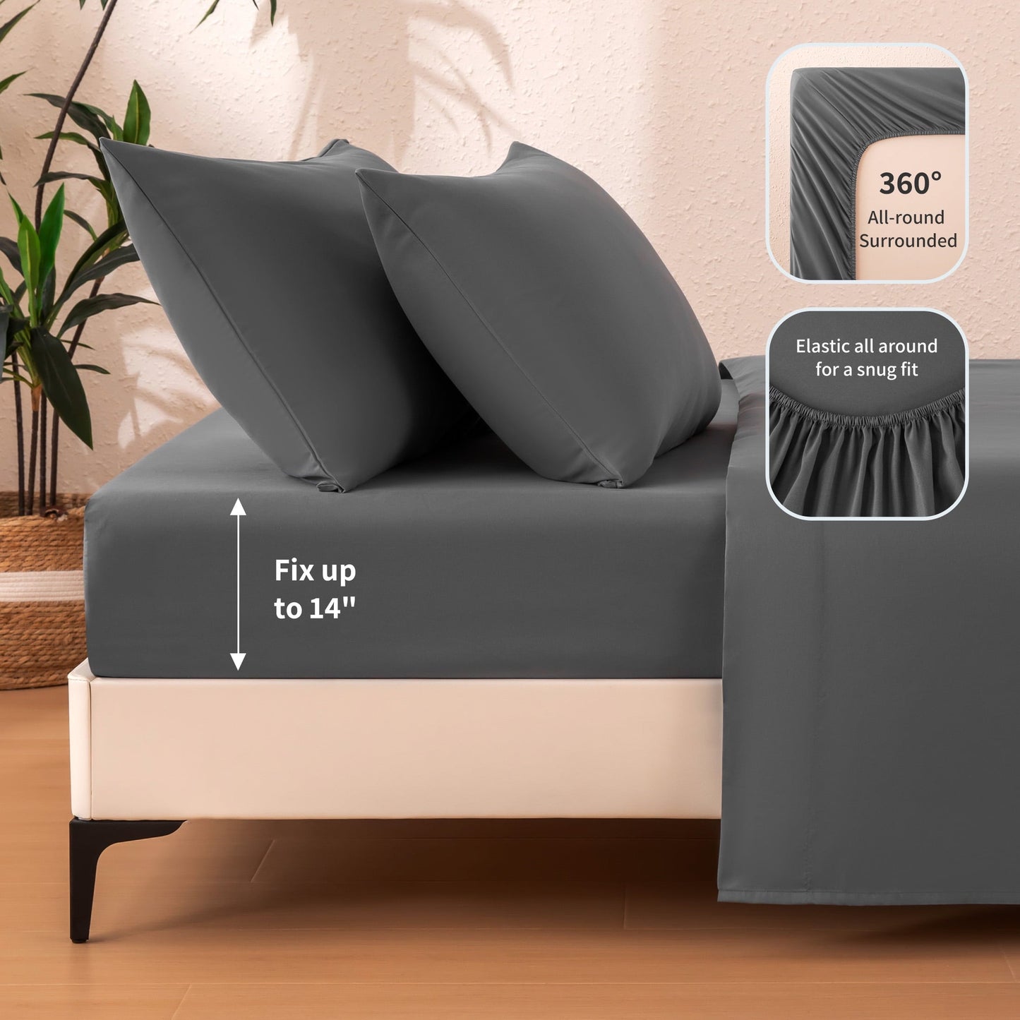 Wrinkle-Resistant Sheet Set Twin Size Gray, 3 Pieces 140 GSM Brushed Elastic Fitted Soft & Cozy Bed Sheets Set with Deep Pocket - Luxury Bed Sheet Set with Deep Pockets Detail