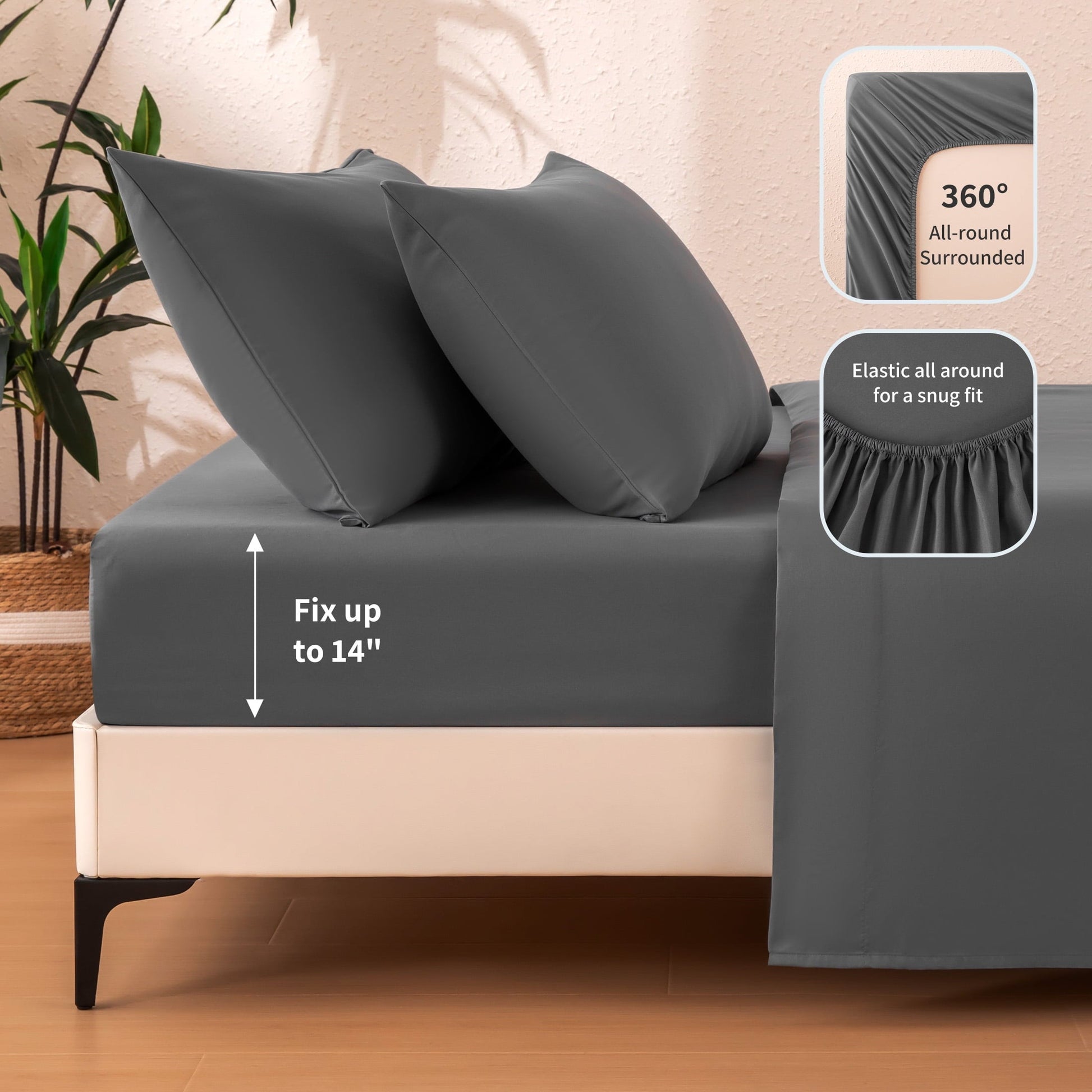 Wrinkle-Resistant Sheet Set Twin Size Gray, 3 Pieces 140 GSM Brushed Elastic Fitted Soft & Cozy Bed Sheets Set with Deep Pocket - Luxury Bed Sheet Set with Deep Pockets Detail