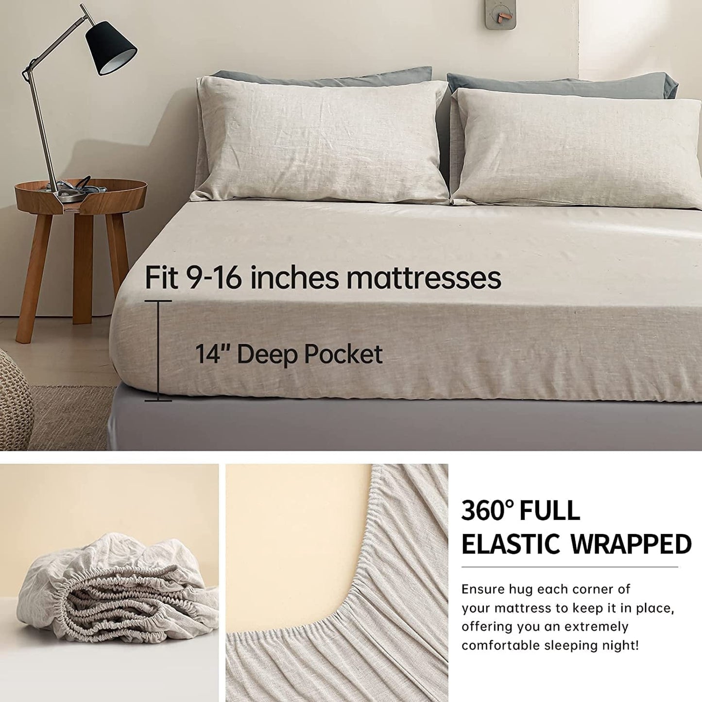Cooling Sateen 100% Linen Sheet Set Solid Color-4 Pcs Washed French Linen Bed Sheets(1 Flat Sheet,1 Fitted Sheet,2 Pillowcases)-Brea... - Cooling Hotel Quality Bedding Sheets and Pillowcases Detail