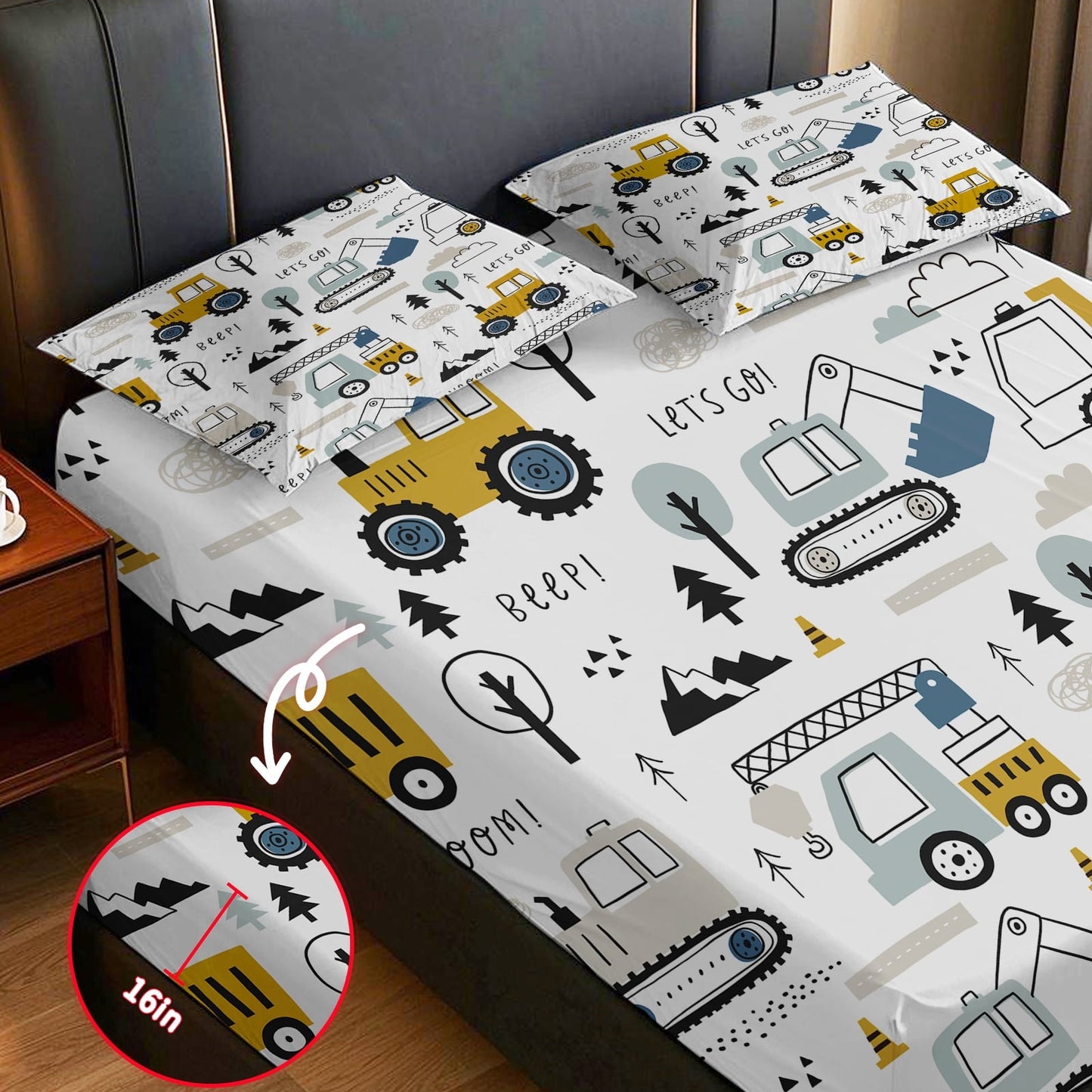 Wrinkle-Resistant Cartoon Excavator Sheet Set for Kids Boys Truck Construction Bedding Set Engineering Vehicle Bed Sheet Sets with 1 Fi... - Cooling Hotel Quality Bedding Sheets and Pillowcases Detail