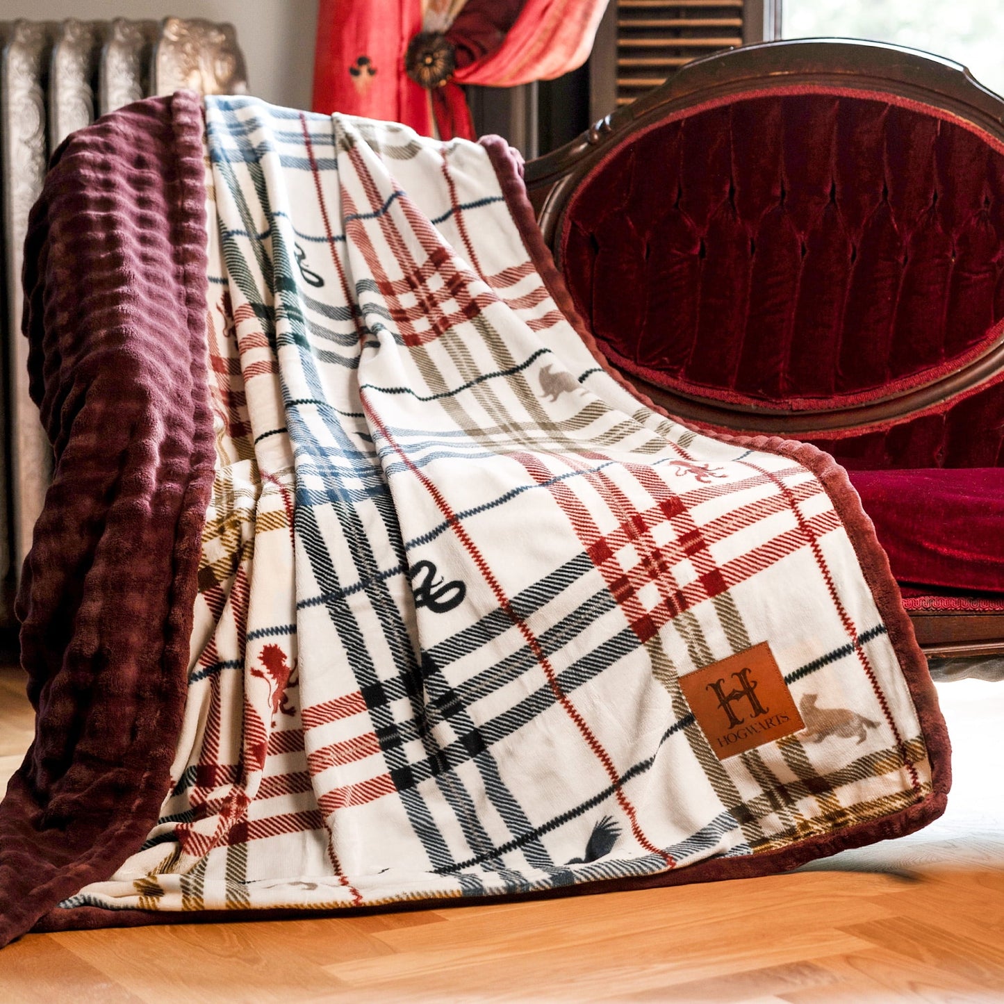 Decorative Knitted Academic Plaid Tartan Crest with Faux Leather Patch and Milky Mink Reverse Throw, 60x70 inches - Super Soft Reversible Sherpa Flannel Blanket - Default Title