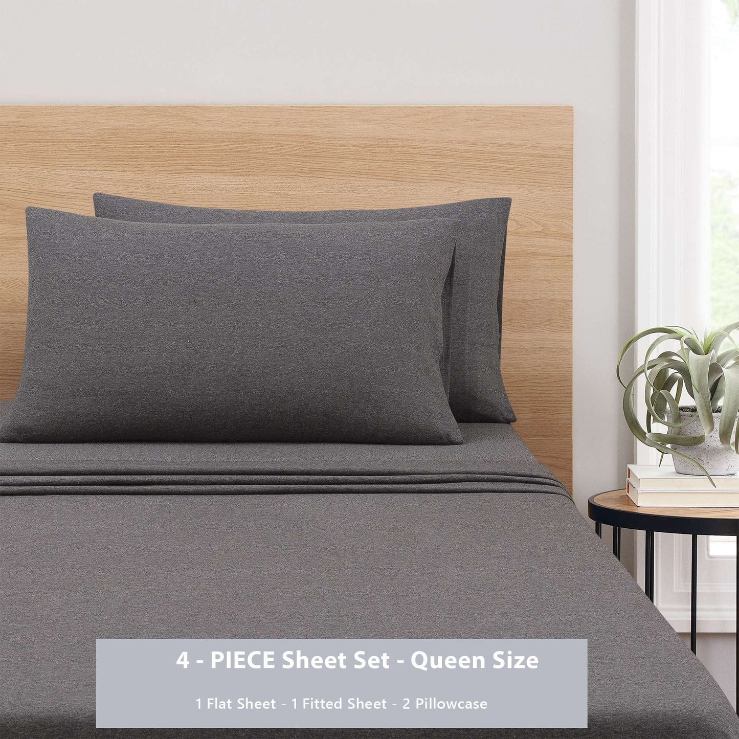 Premium Egyptian Cotton Cotton Rich Extra Soft Jersey Bed Sheet Set, Queen, Charcoal, 4 Pieces - Breathable Egyptian Cotton Flat & Fitted Sheets Detail