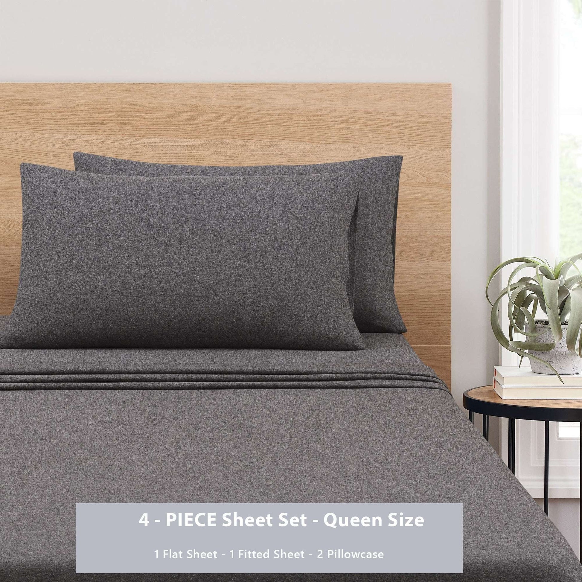 Premium Egyptian Cotton Cotton Rich Extra Soft Jersey Bed Sheet Set, Queen, Charcoal, 4 Pieces - Breathable Egyptian Cotton Flat & Fitted Sheets Detail